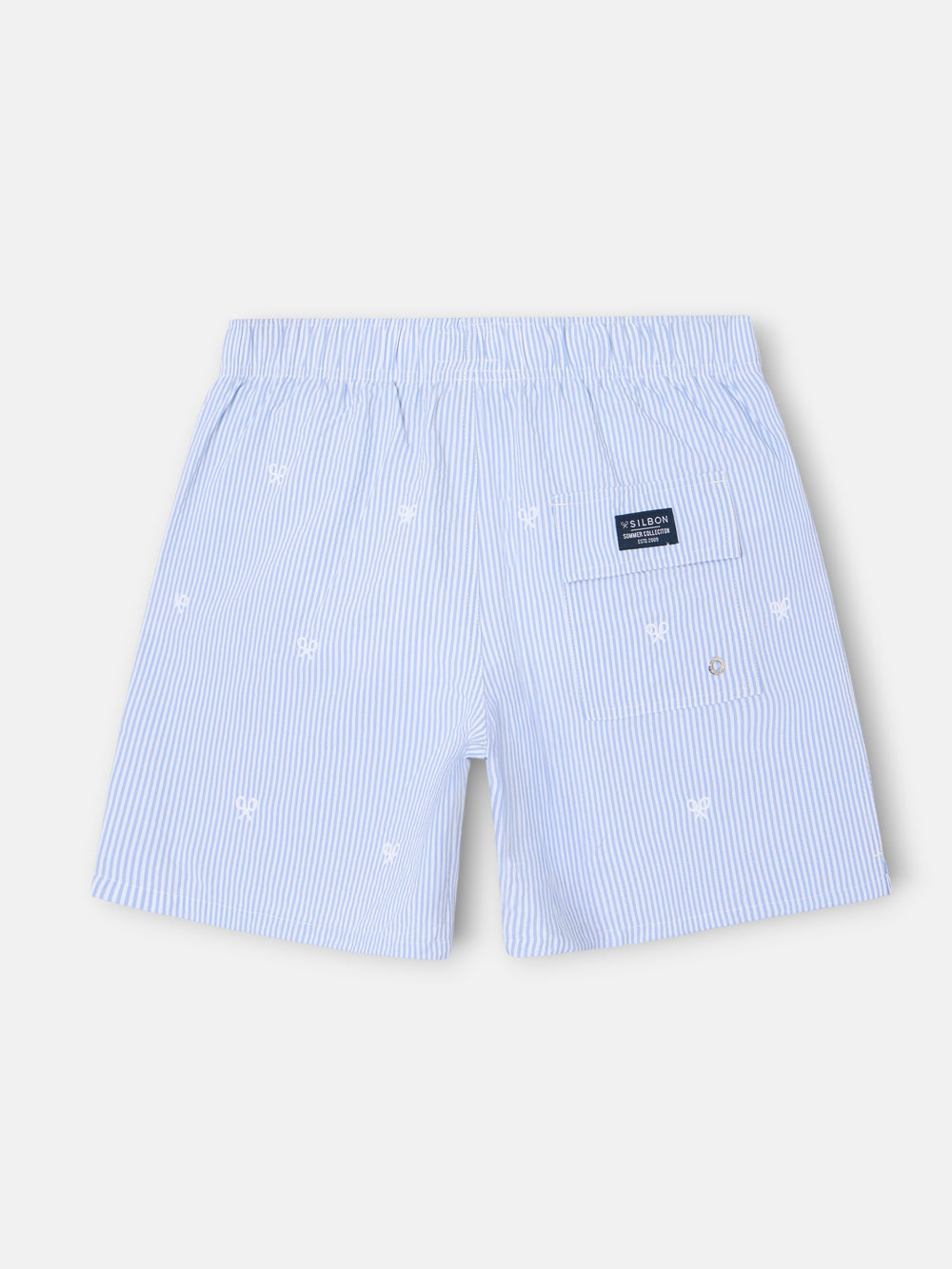 Light blue striped swimsuit with logo