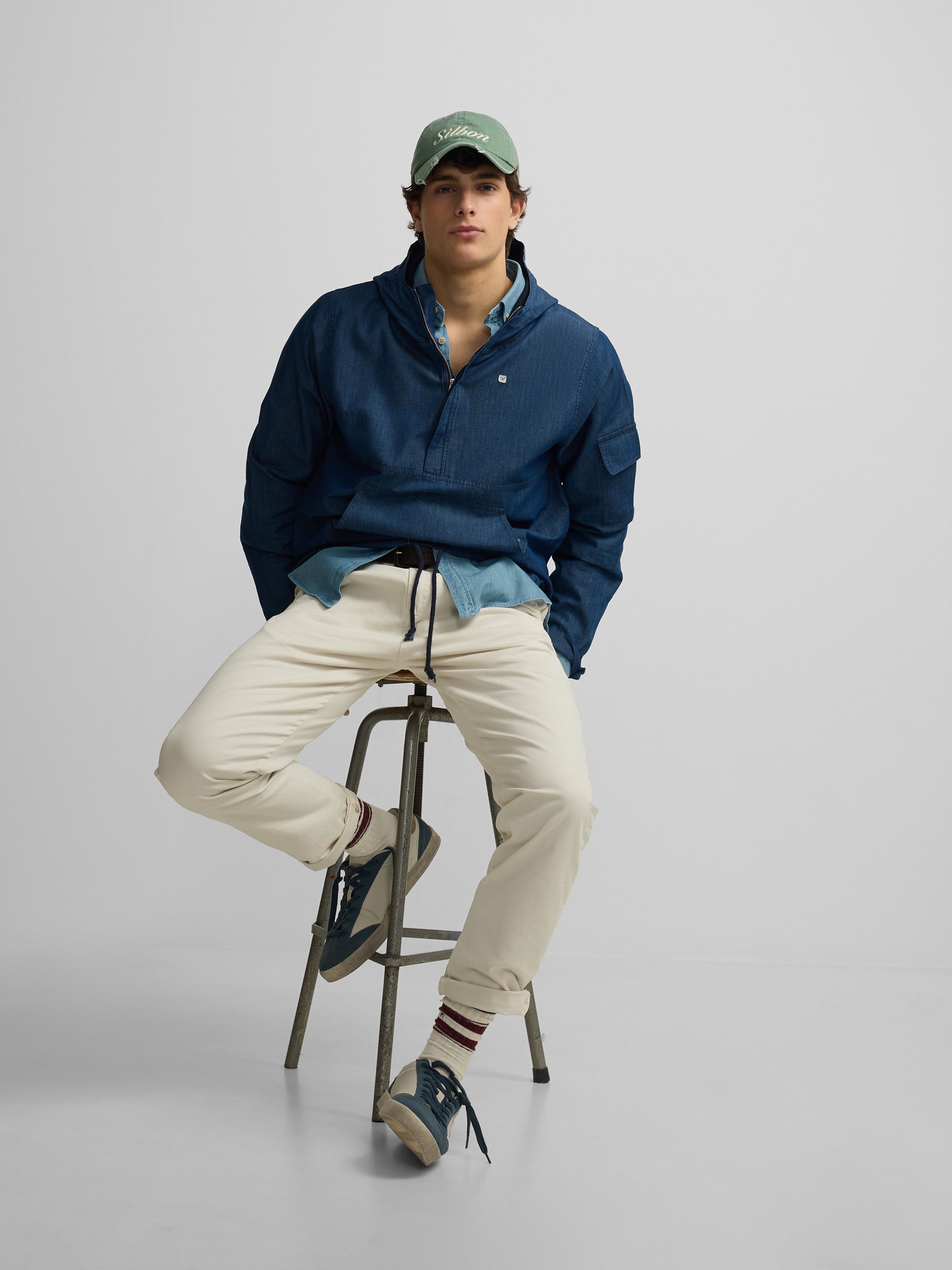 Blue hooded denim windbreaker