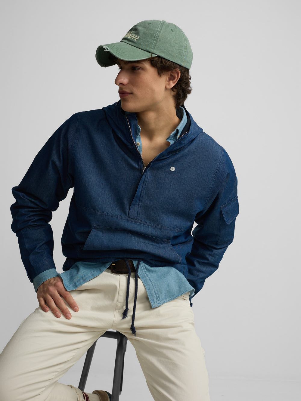 Blue hooded denim windbreaker