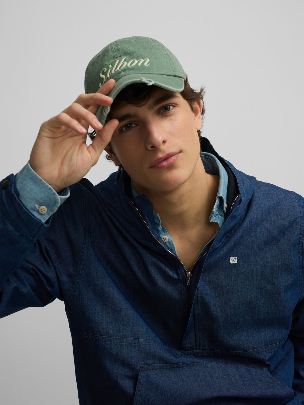 Blue hooded denim windbreaker