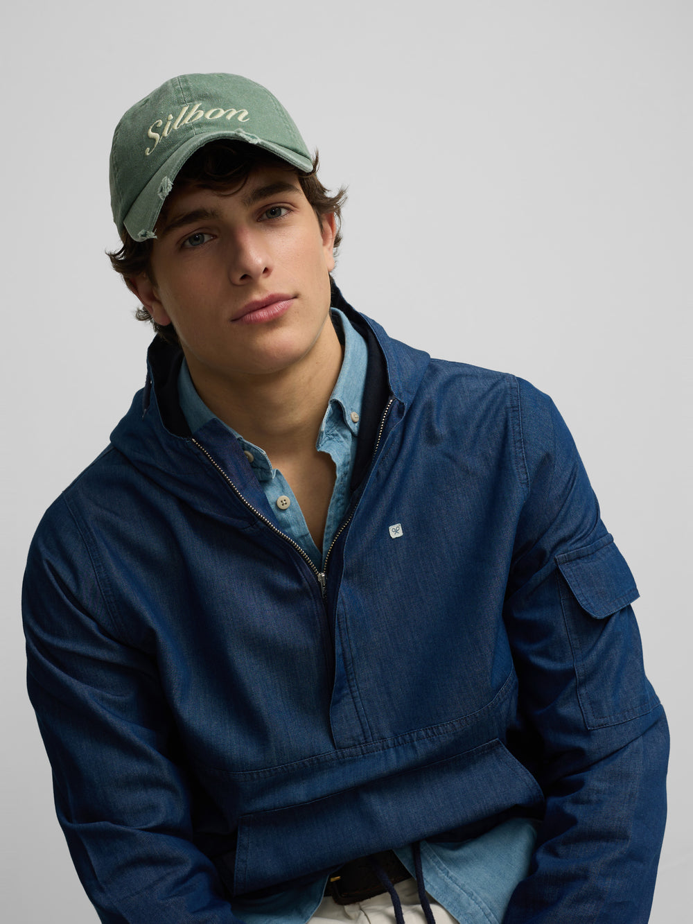 Blue hooded denim windbreaker