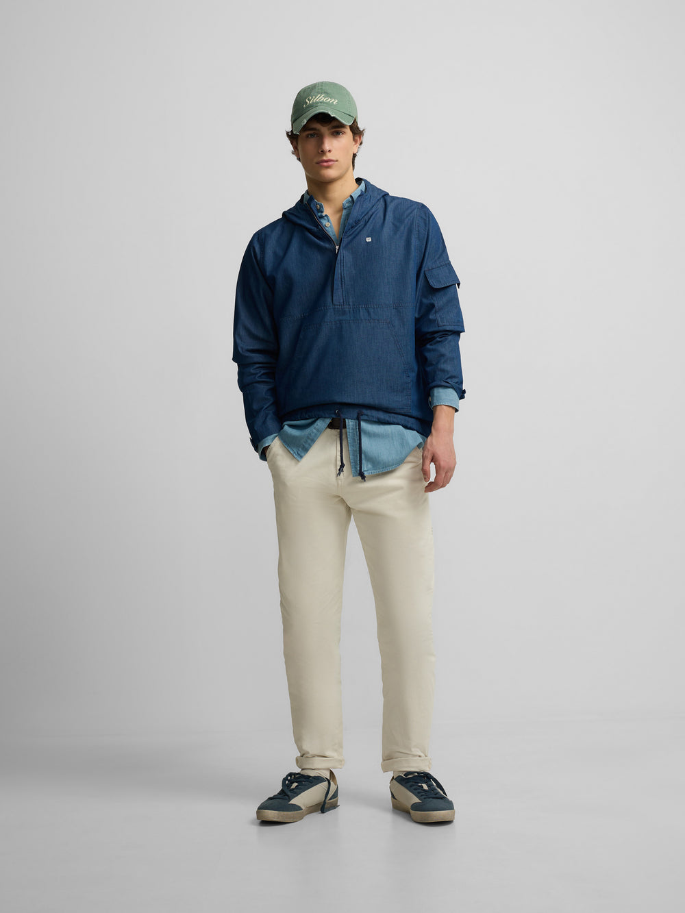 Blue hooded denim windbreaker