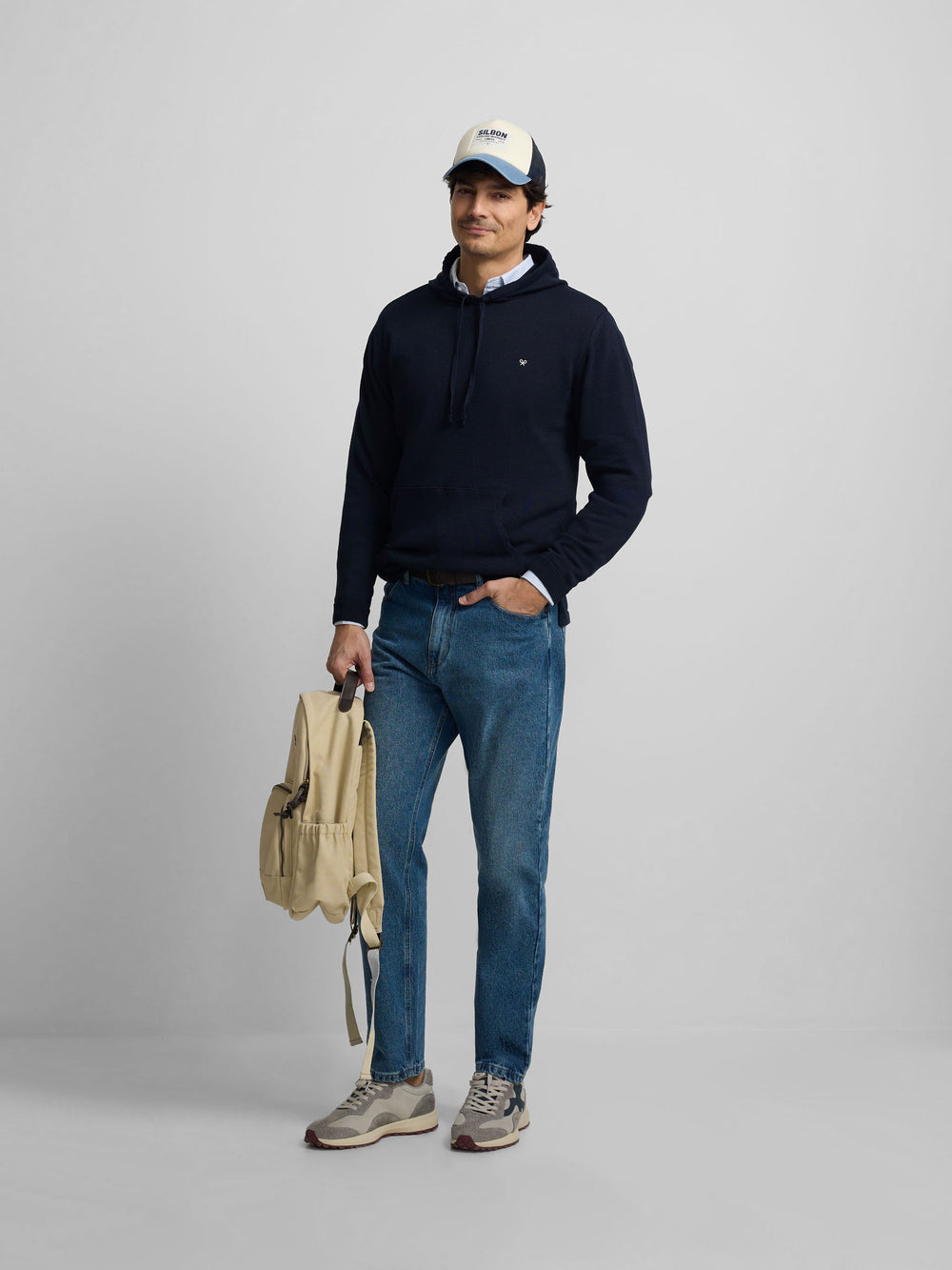 Camisola lisa com capuz azul-marinho