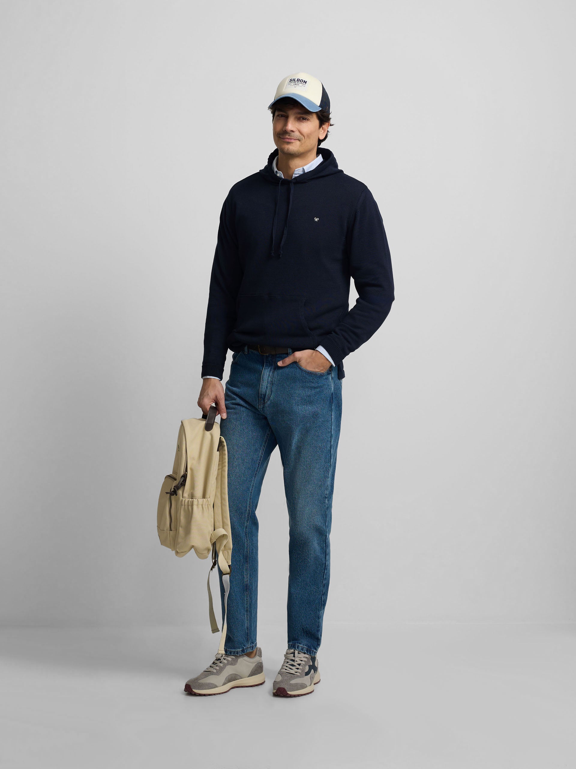 Camisola lisa com capuz azul-marinho