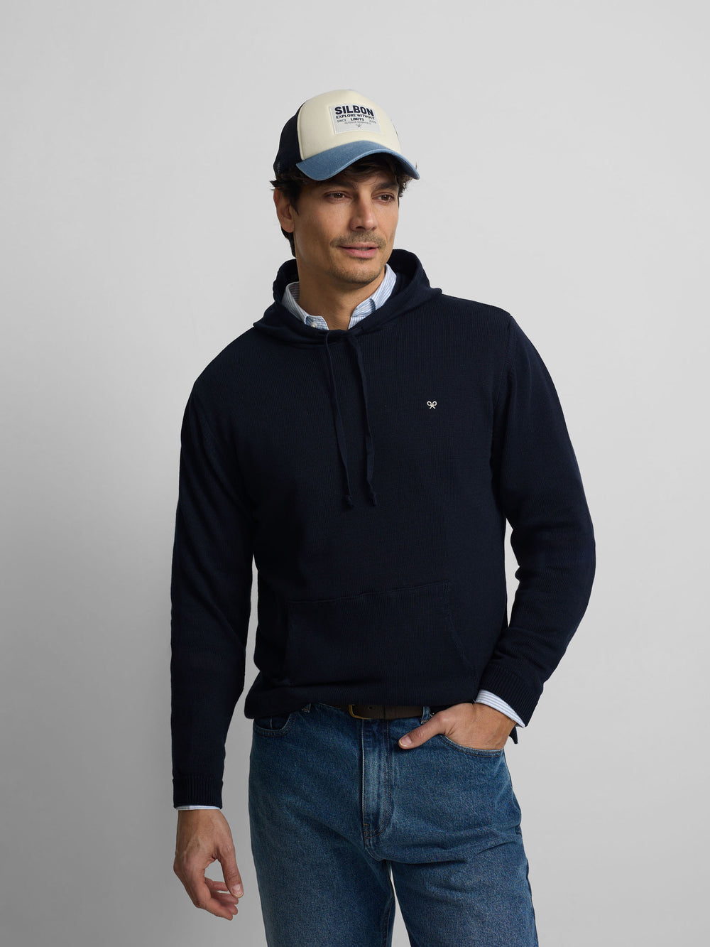 Camisola lisa com capuz azul-marinho