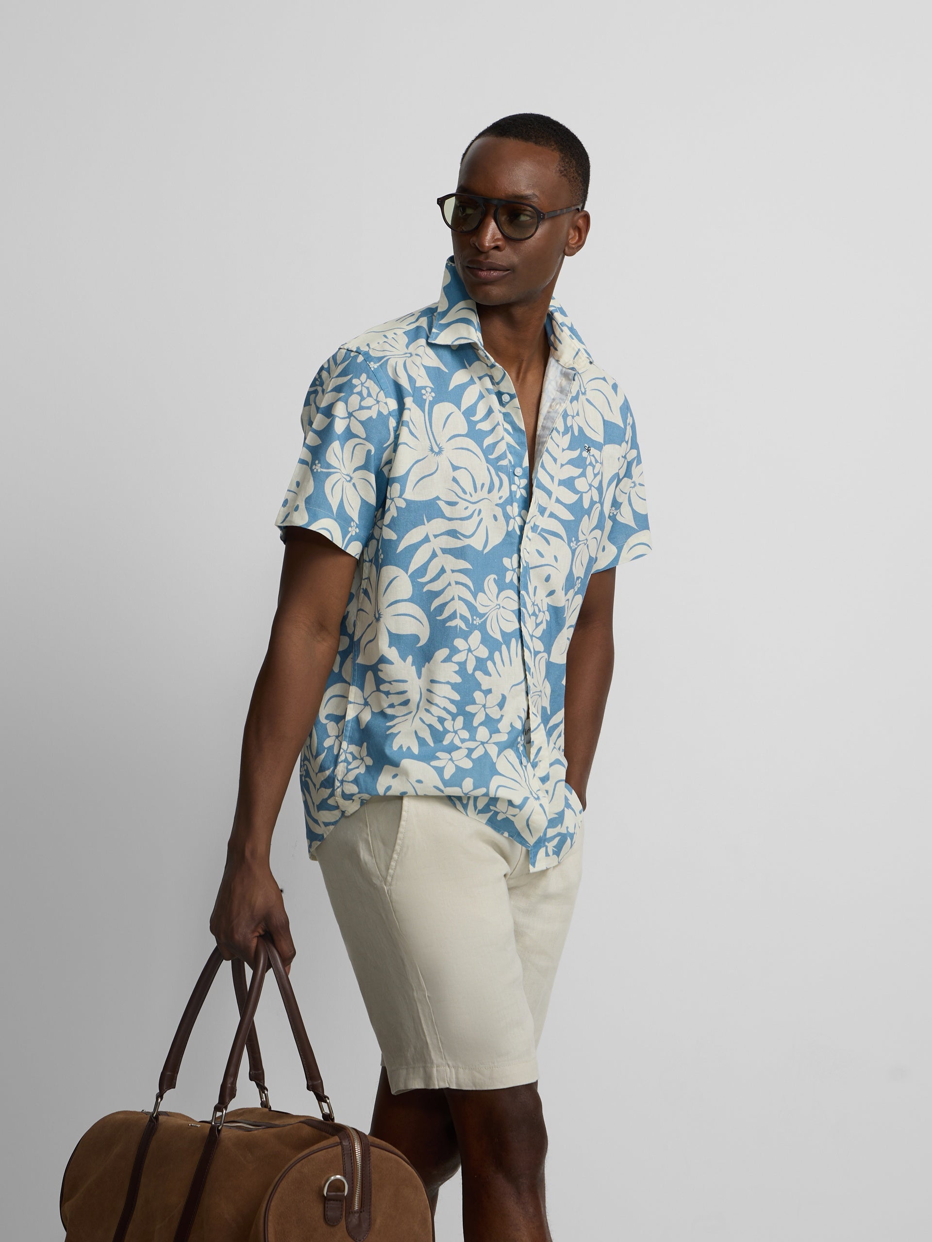 Chemise à manches courtes en lin imprimé bleu