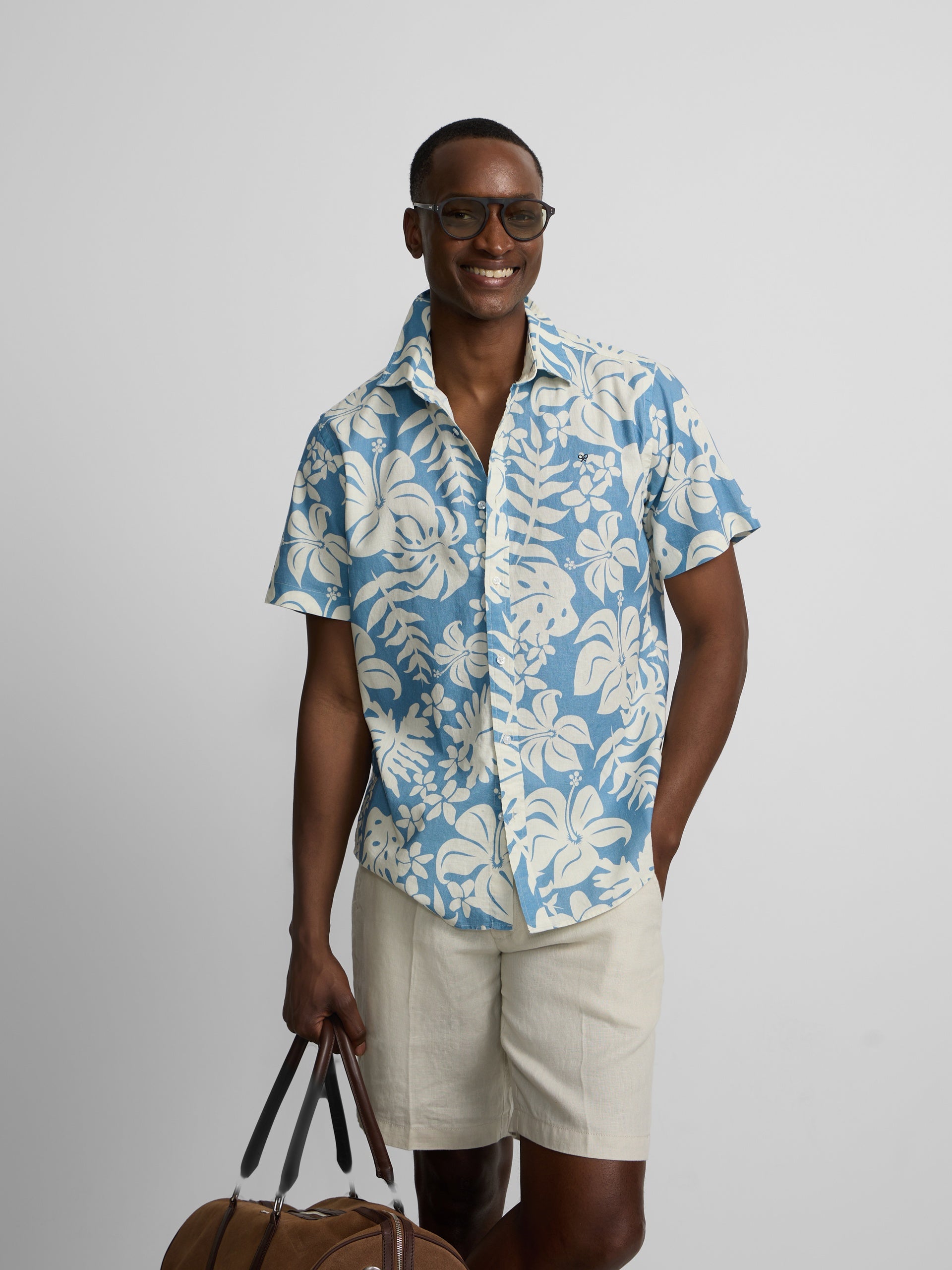 Chemise à manches courtes en lin imprimé bleu