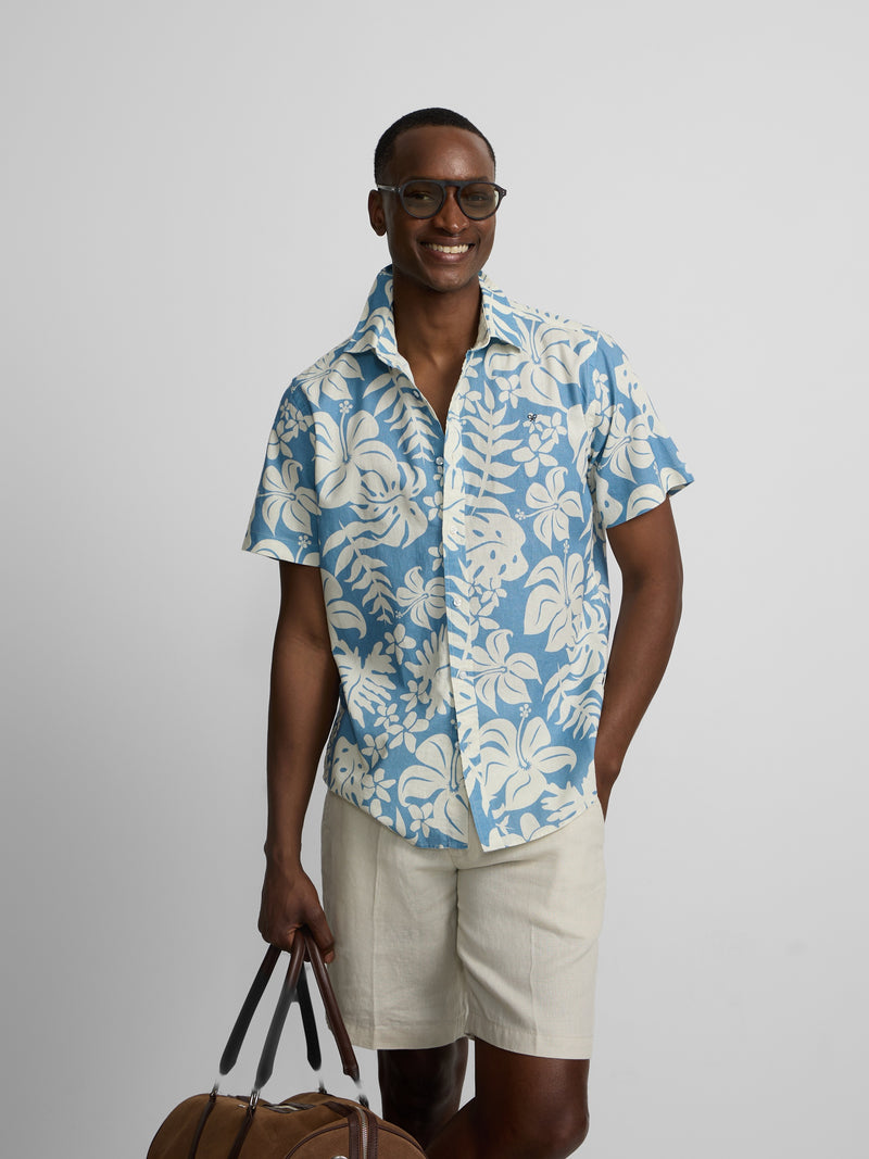 Camisa manga corta lino estampado azul