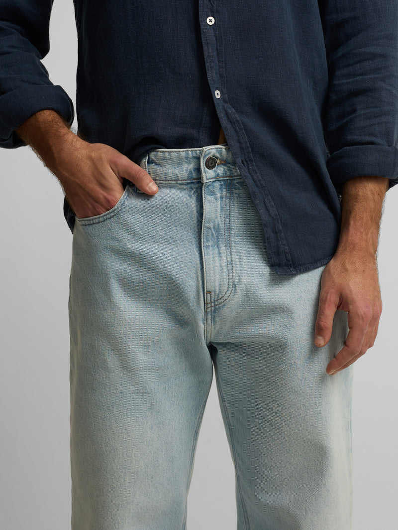 Light blue tapered denim sport trousers