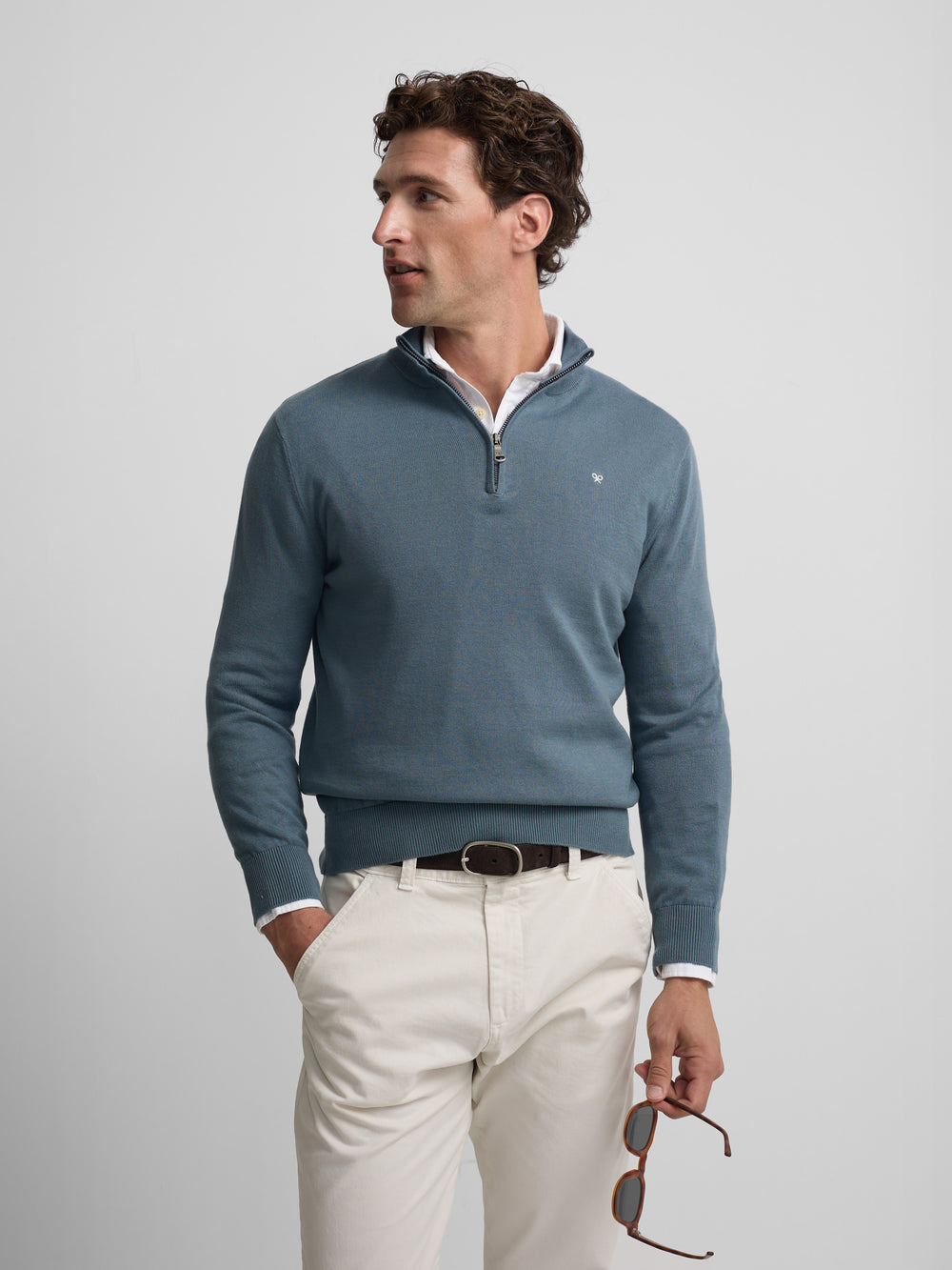 Jersey liso media cremallera azul petroleo