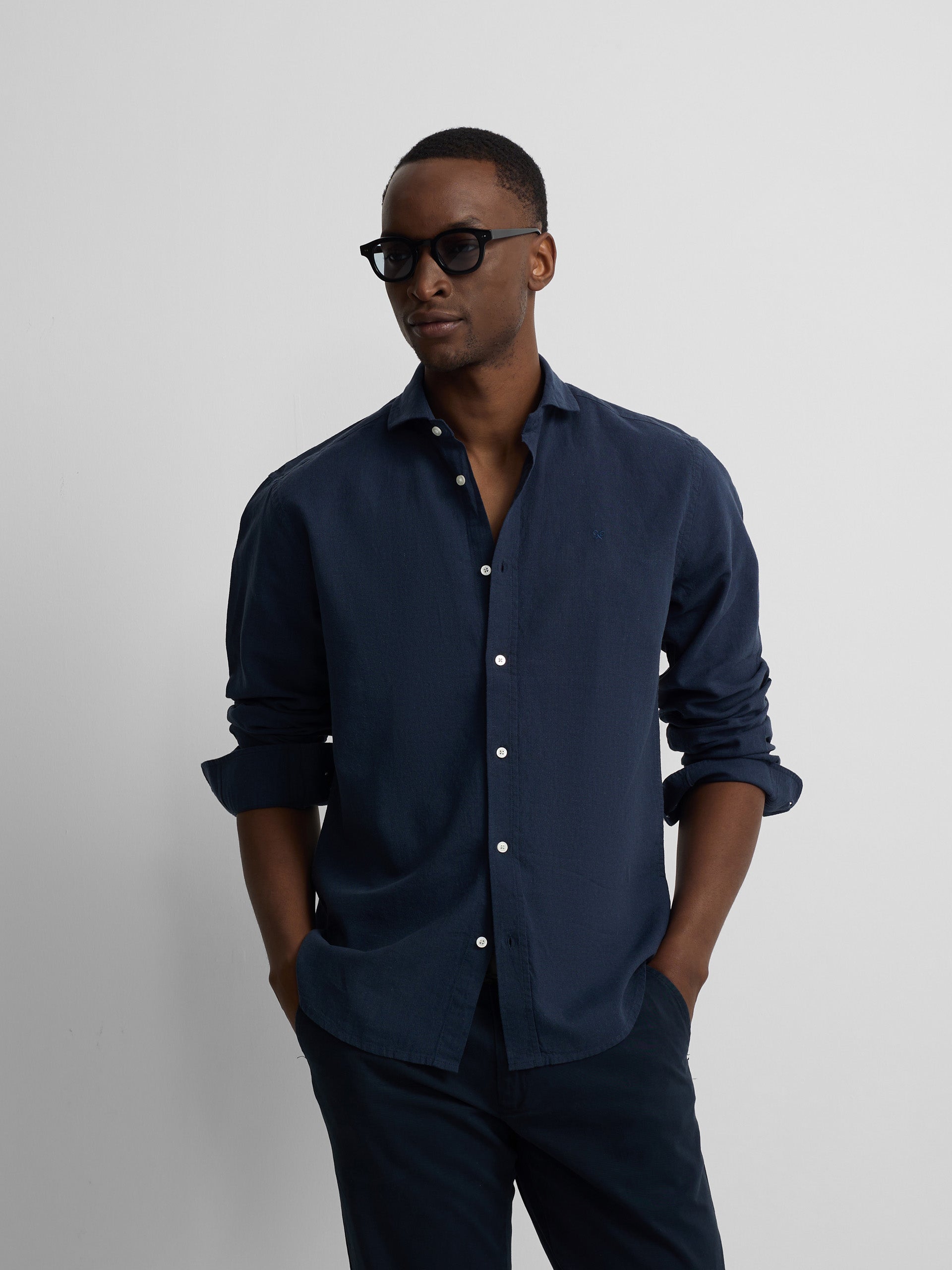 navy blue linen sport shirt