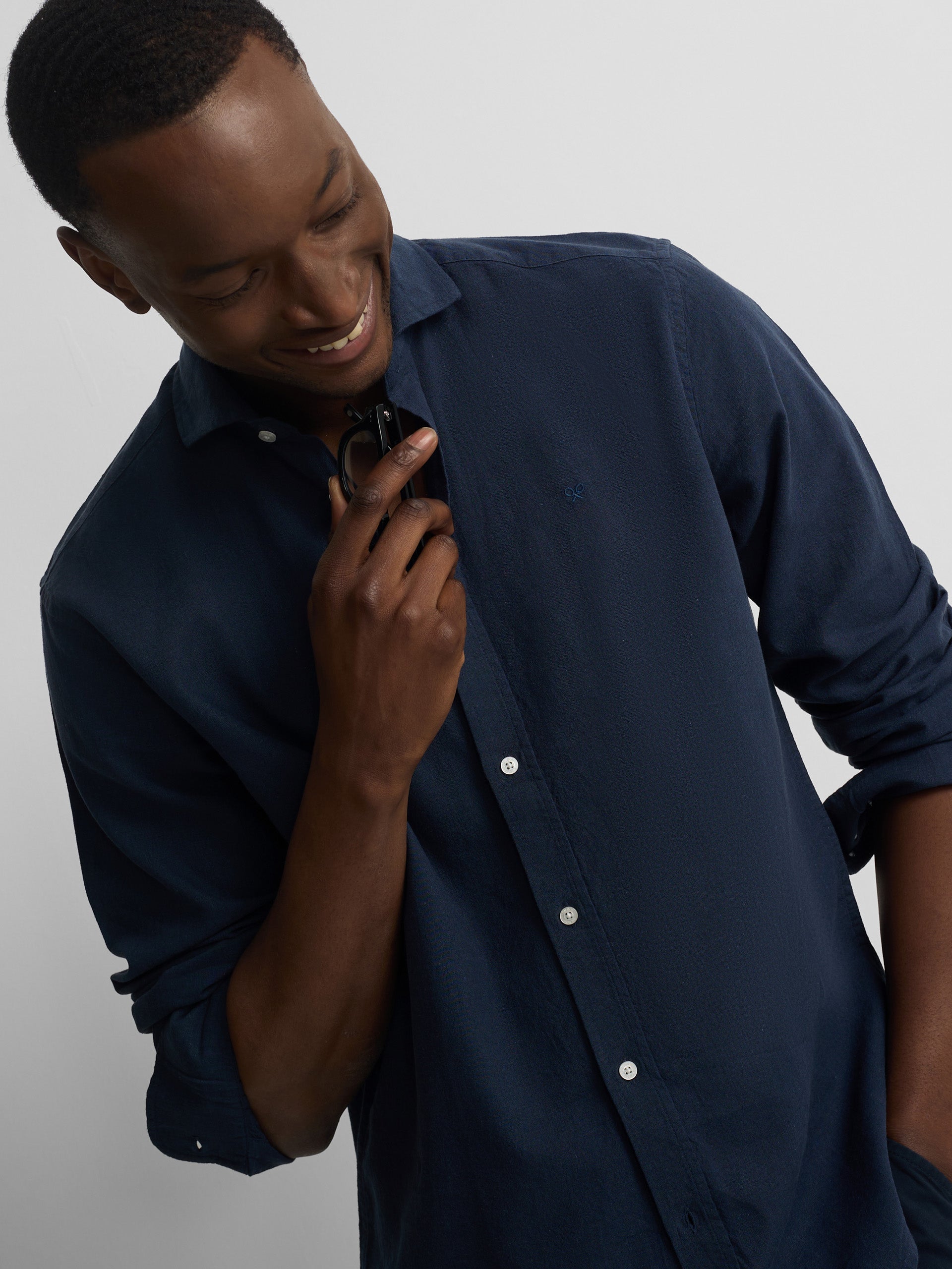 navy blue linen sport shirt