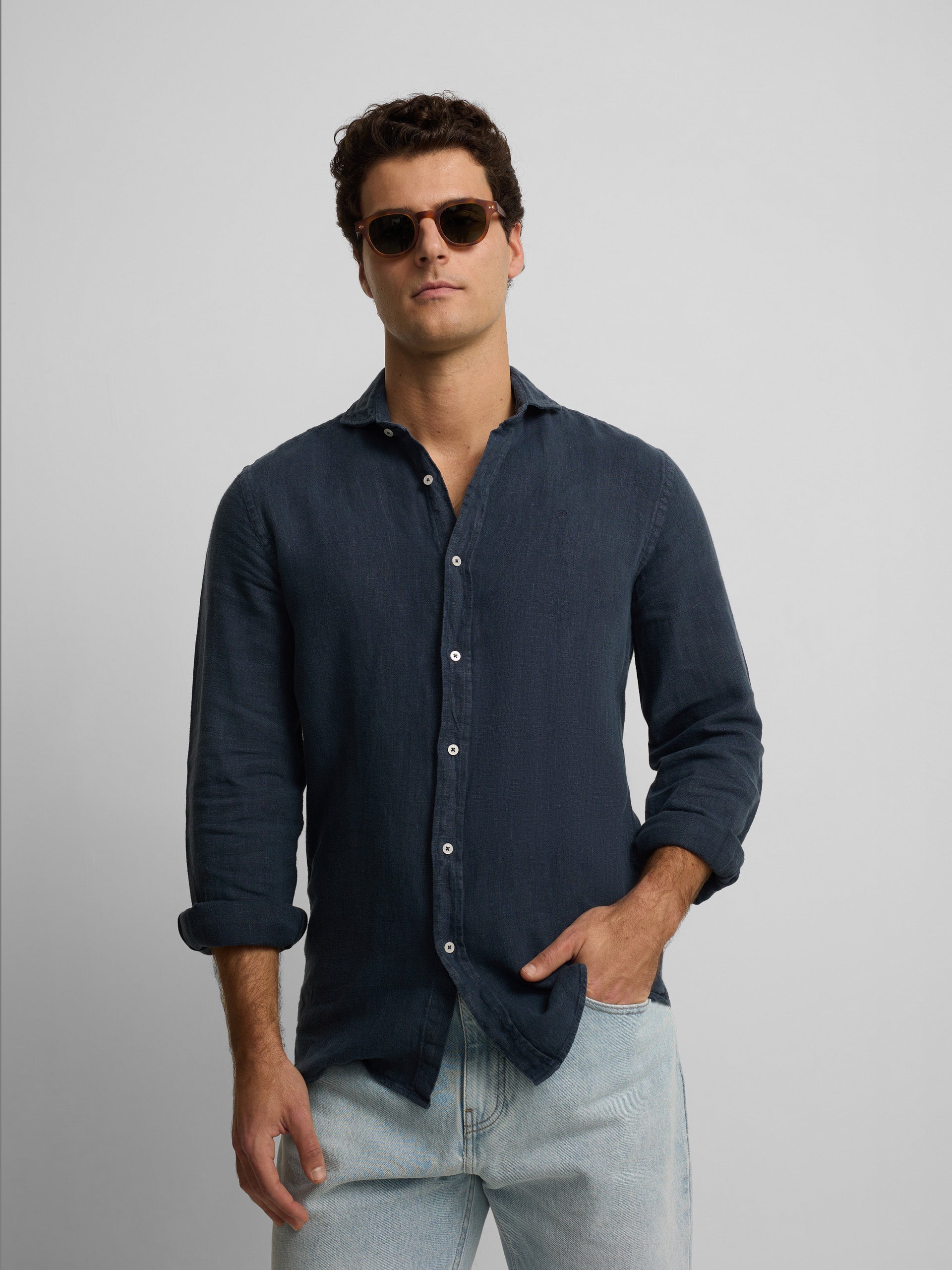 Camisa sport warm linen azul marino