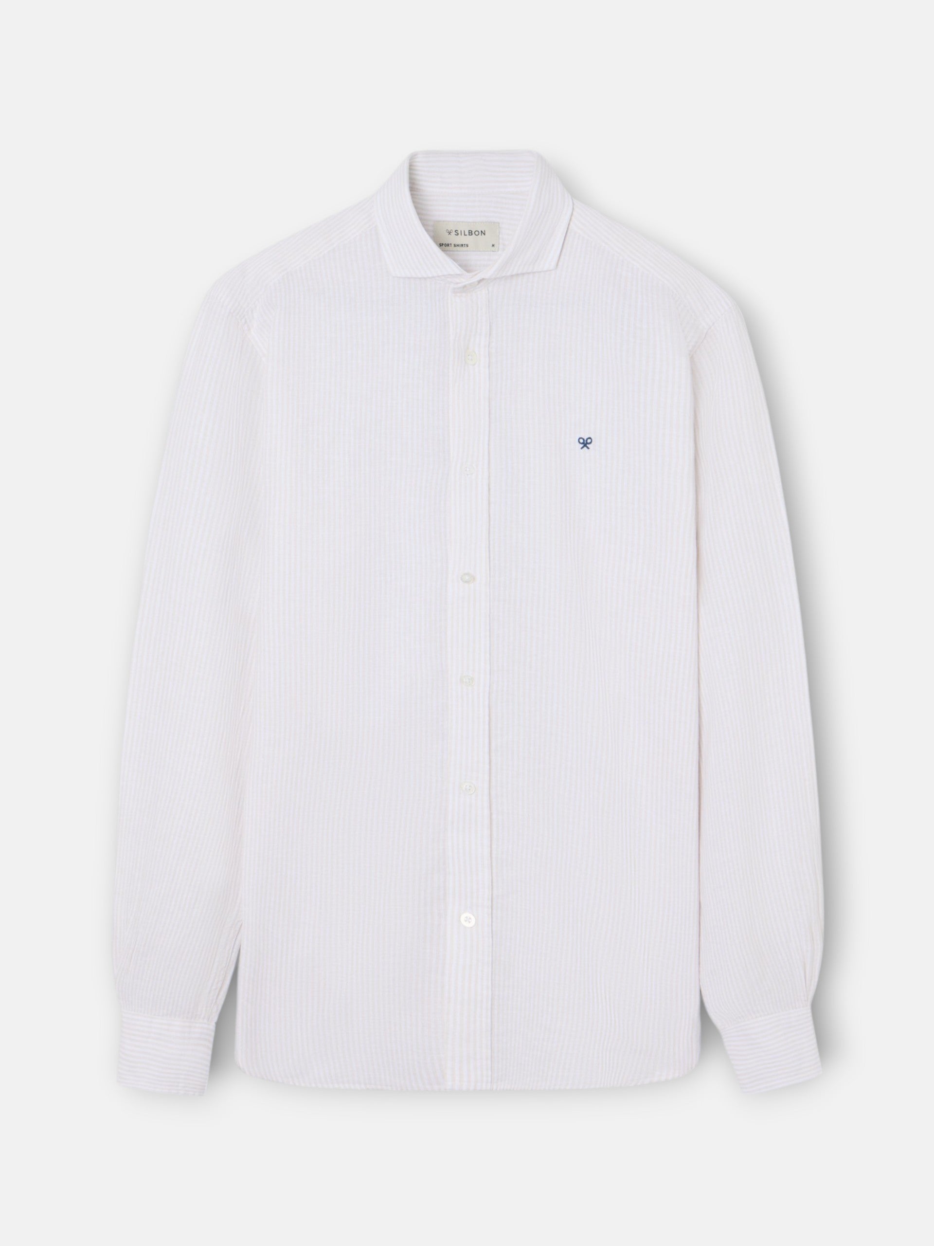 Chemise sport en lin à rayures beige