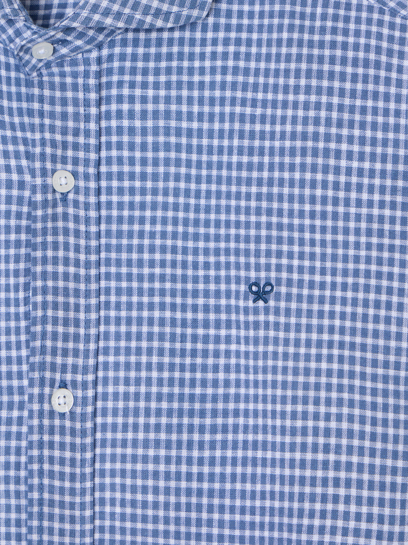 Indigo blue checked linen sport shirt