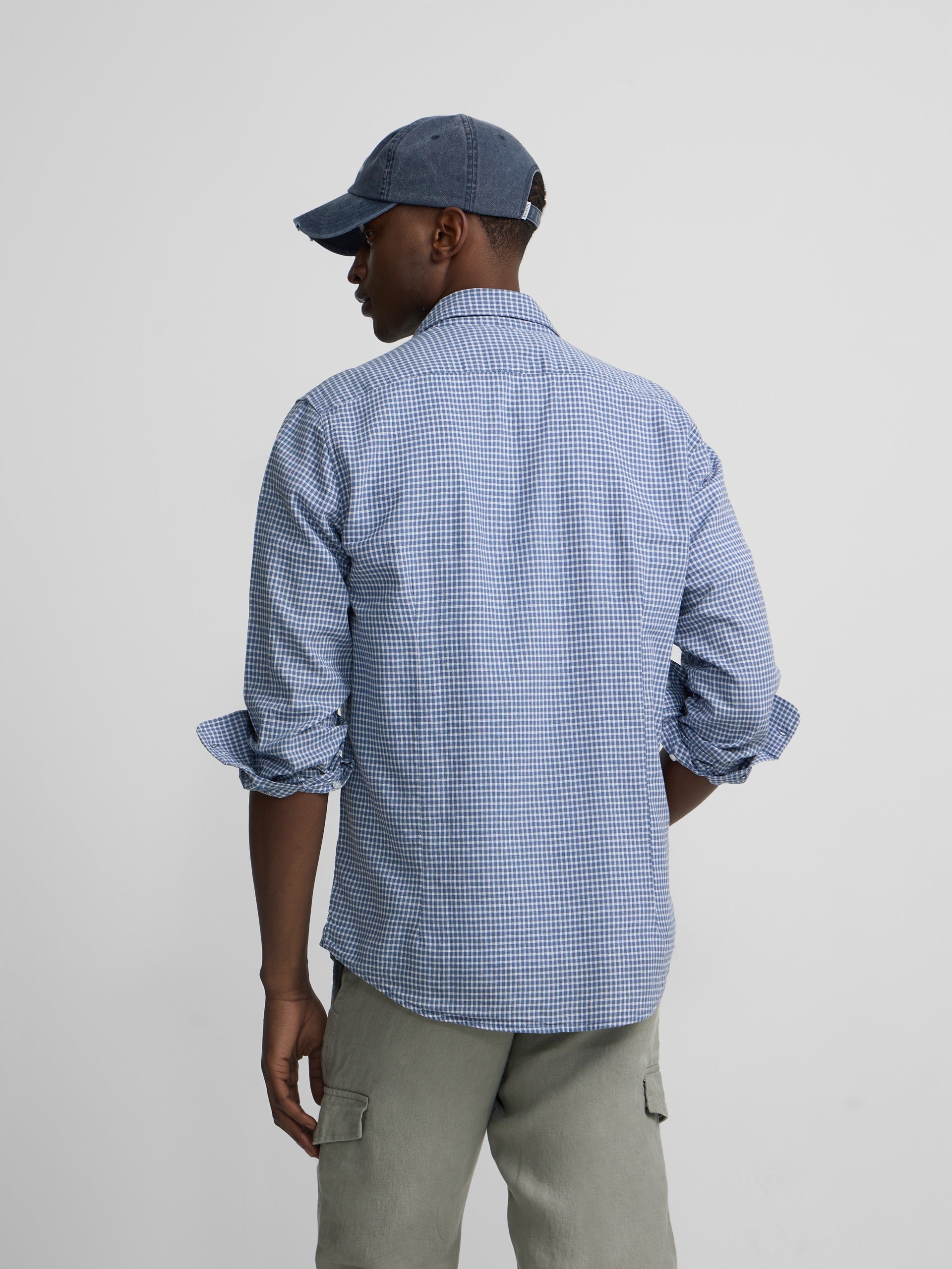 Camisa desportiva de linho aos quadrados azul índigo