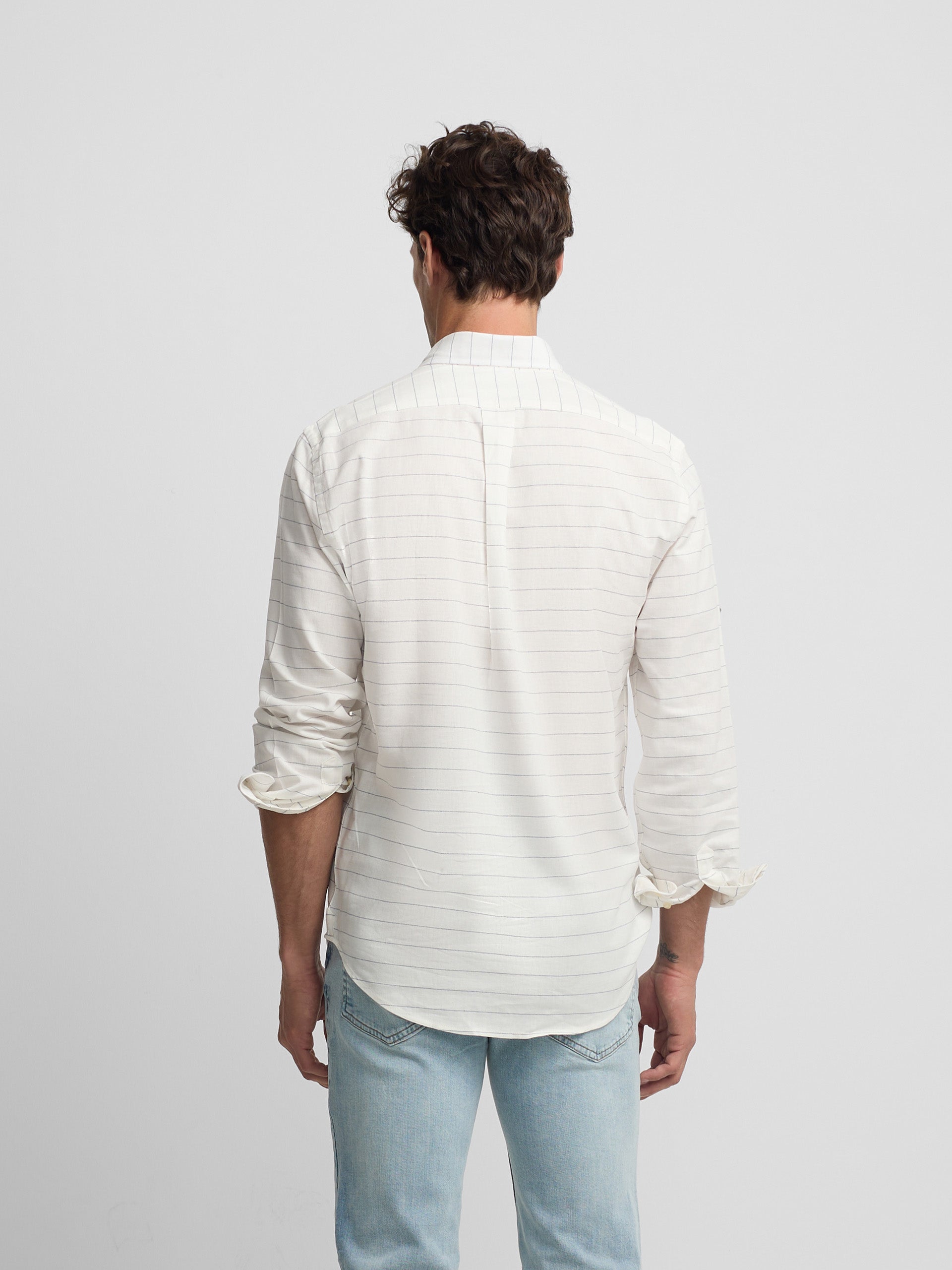 Wide striped blue linen sport polo