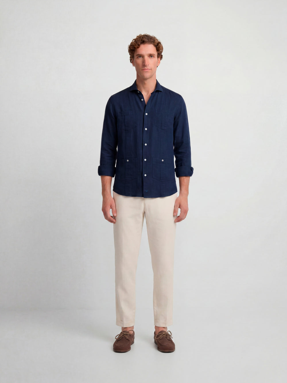 Guayabera sport en lin bleu marine