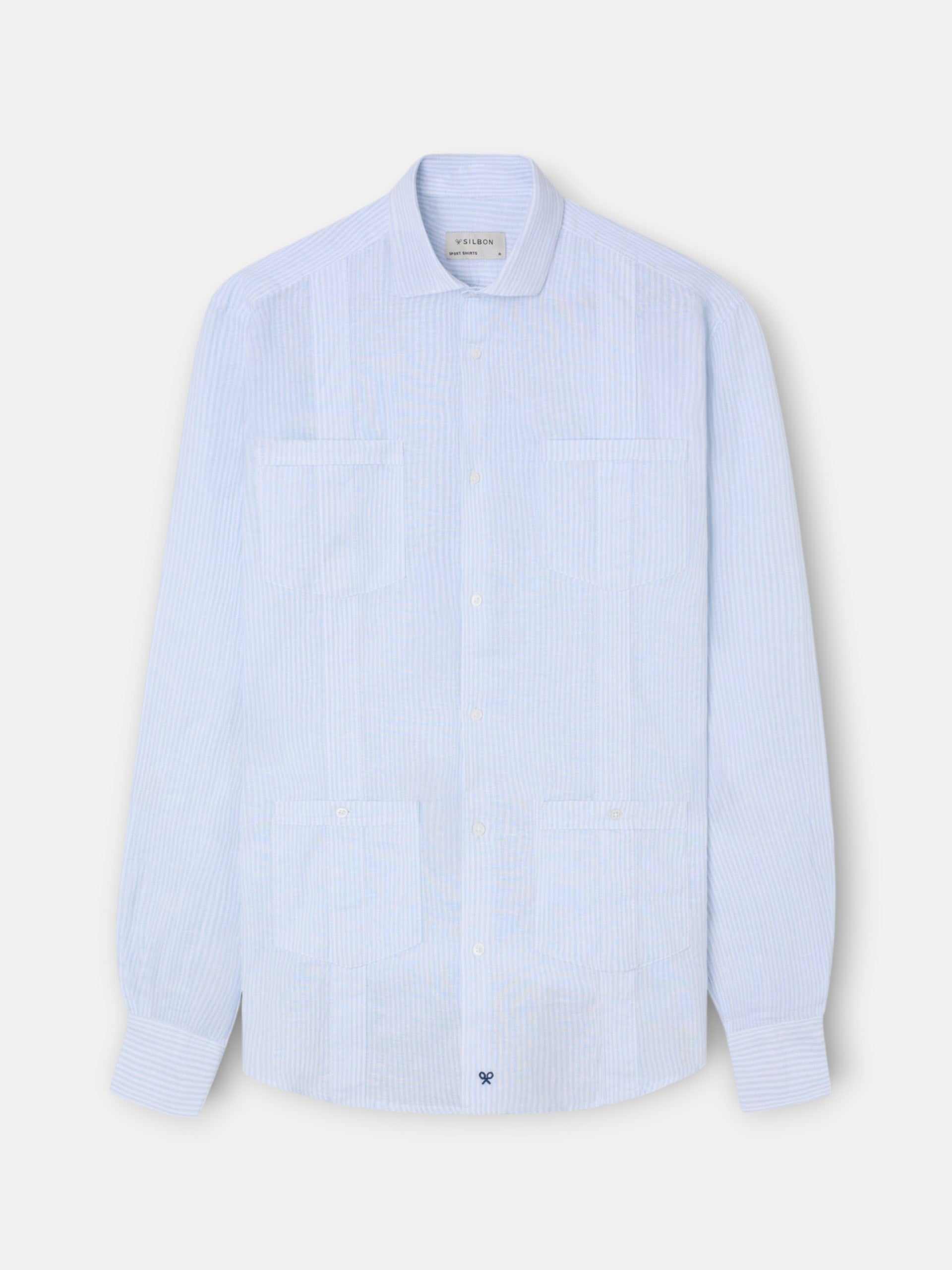 Guayabera desportiva de linho às riscas azul celeste