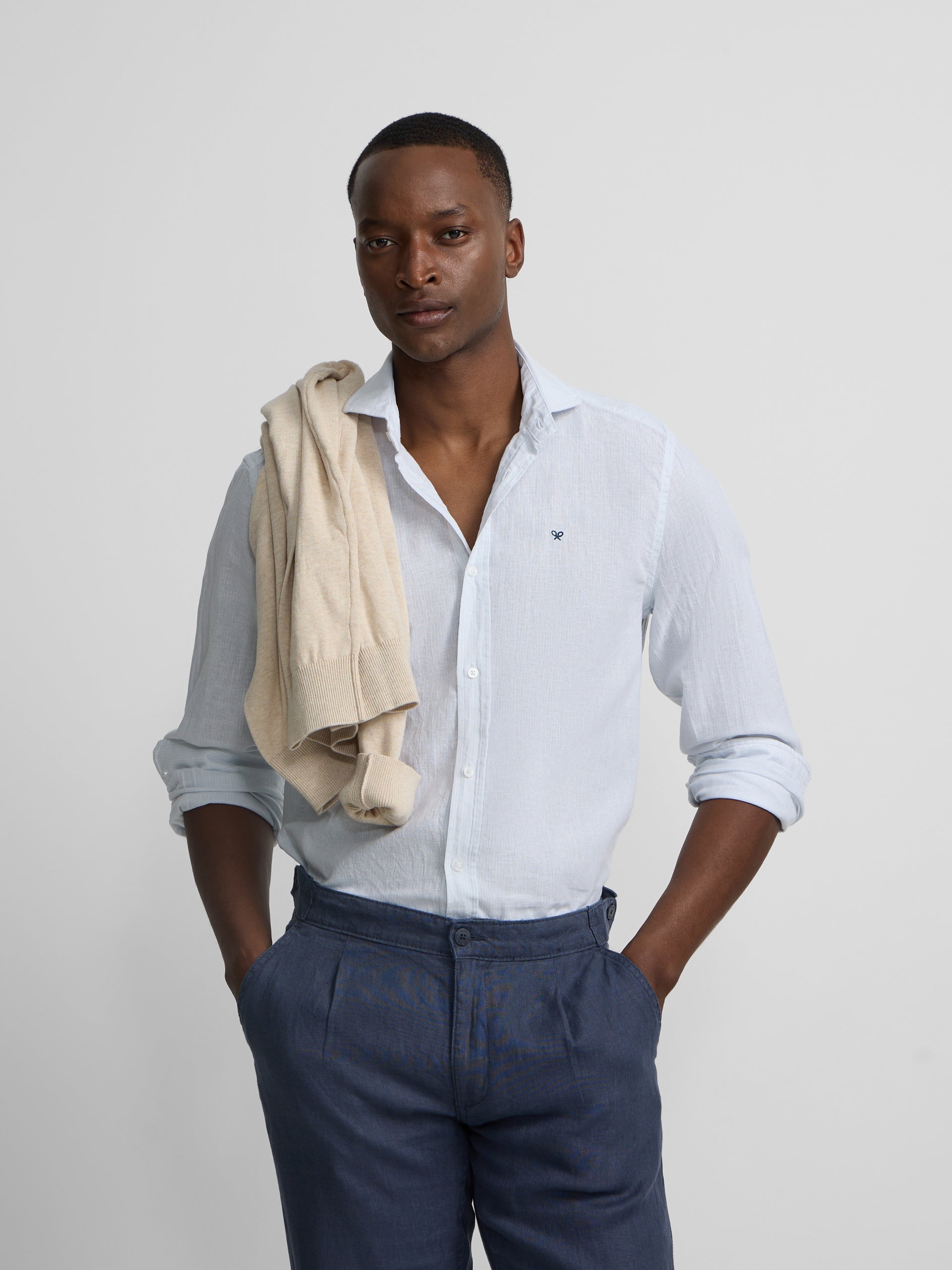 Chemise sport en lin à rayures bleu ciel