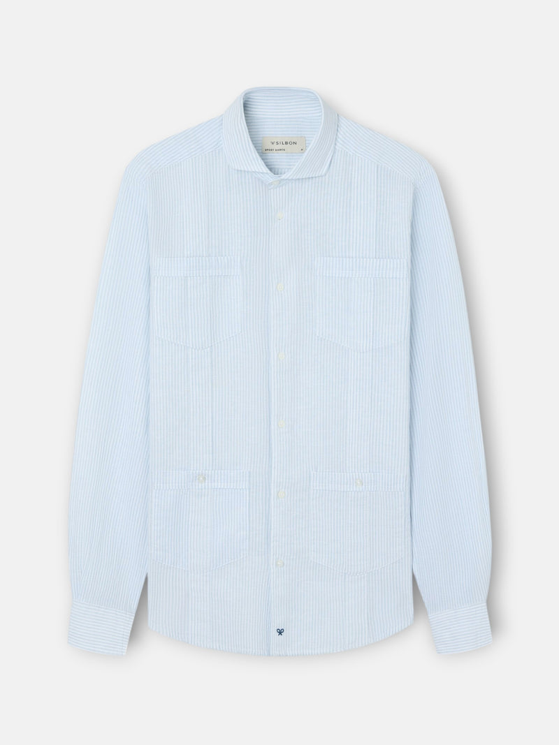 Green striped linen sport guayabera