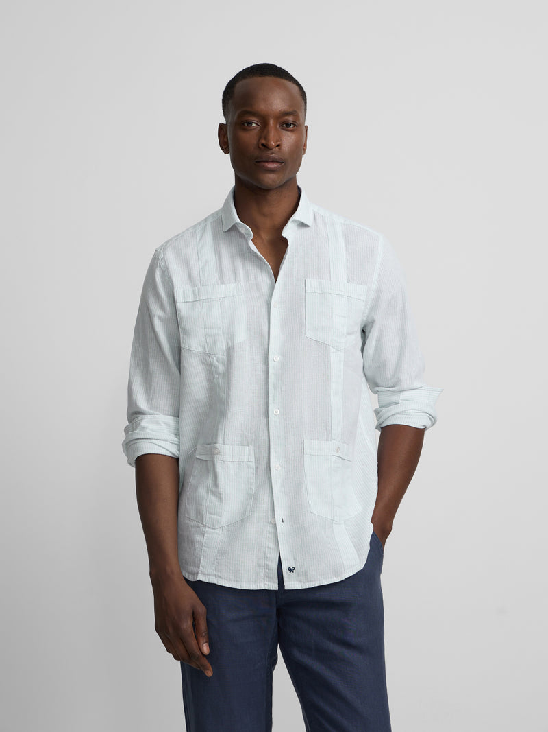 Green striped linen sport guayabera