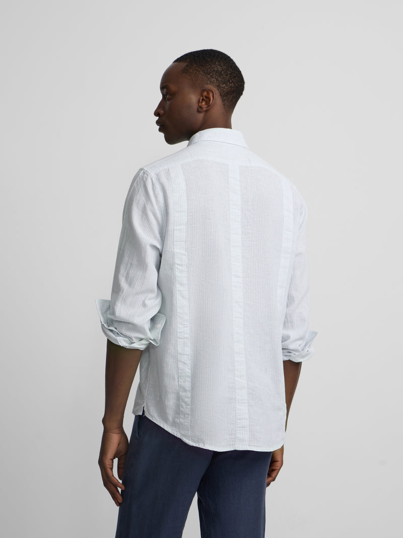 Green striped linen sport guayabera