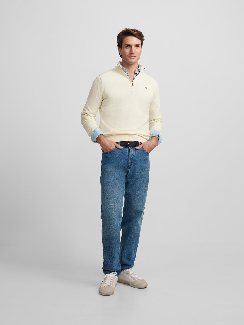 pull crème uni à demi-zip