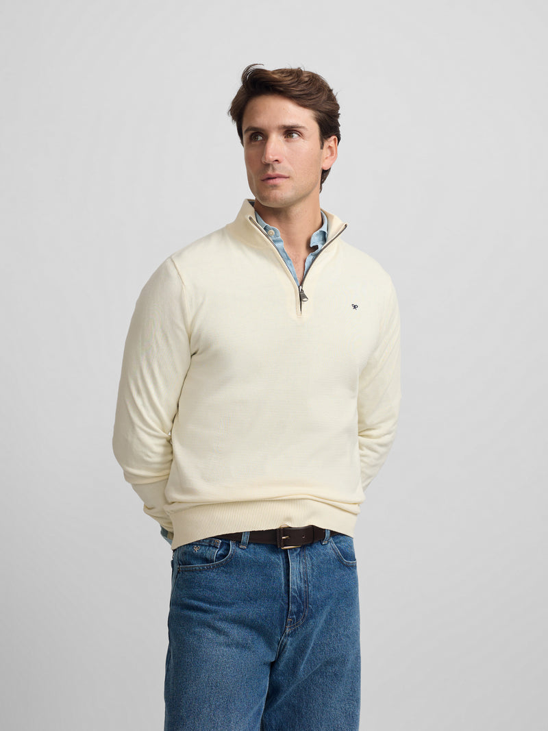 Camisola lisa com fecho de meio comprimento creme