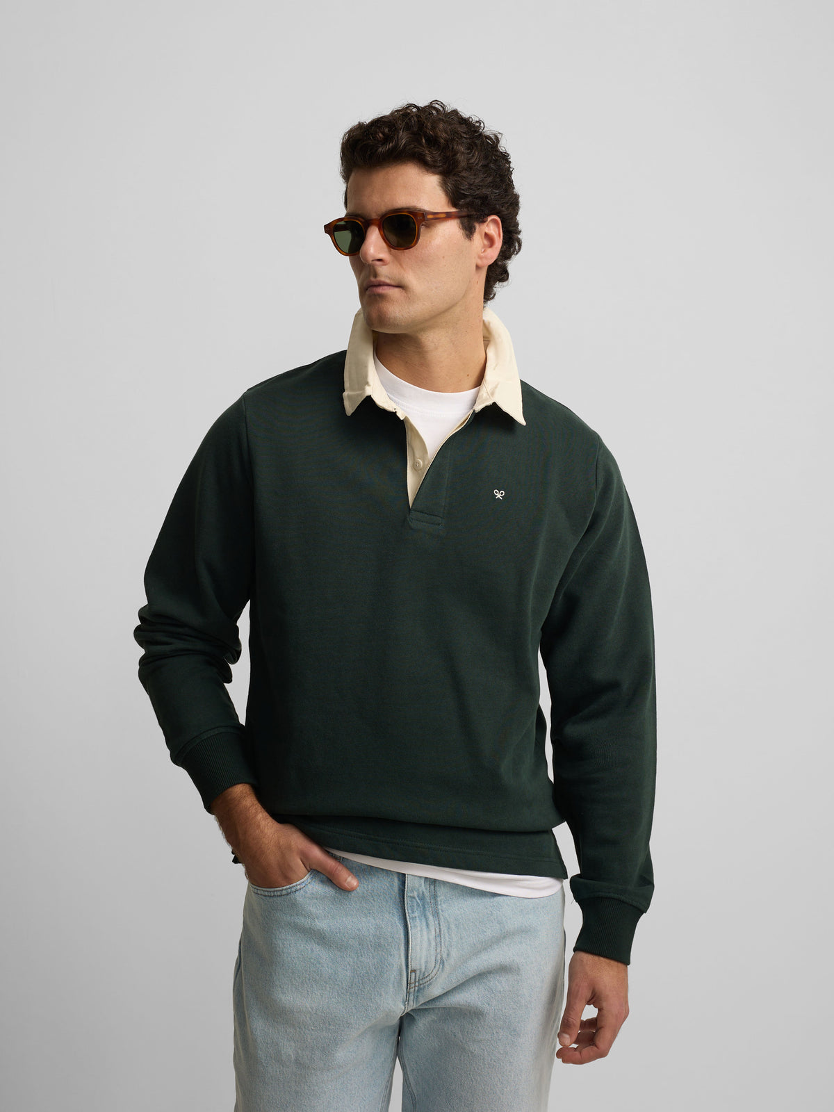 Sweatshirt básica de gola polo verde escuro