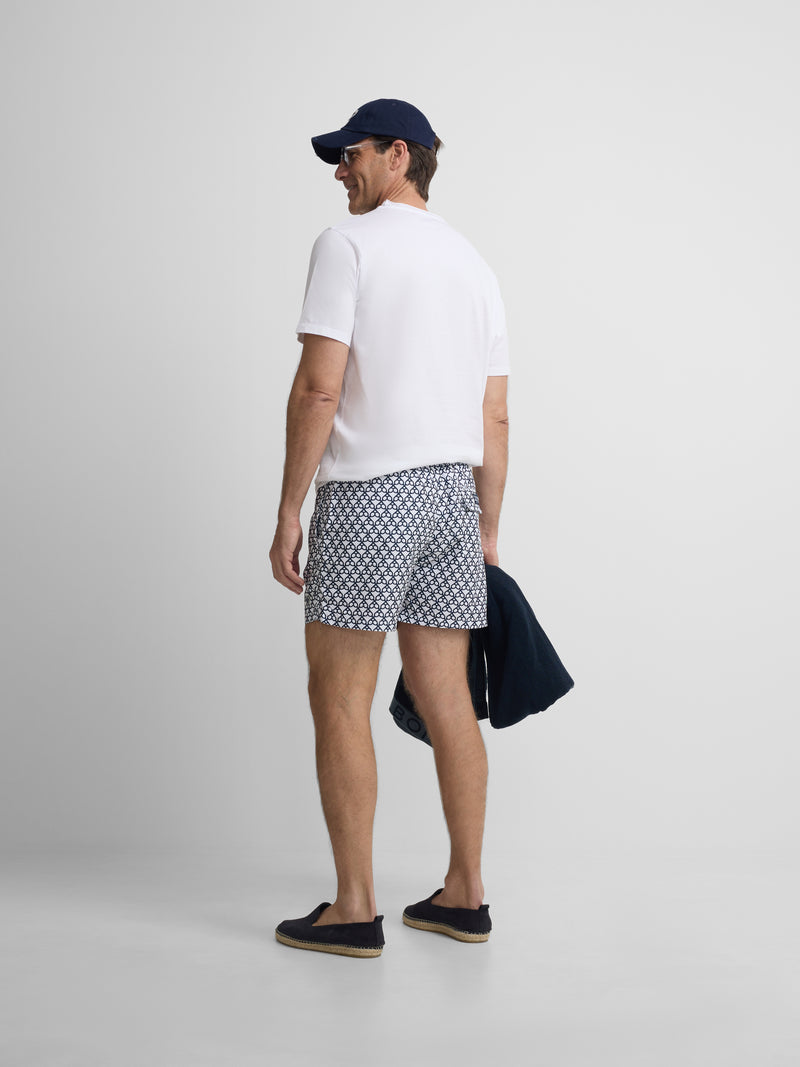 Geometric Navy Blue Racket Swim Shorts