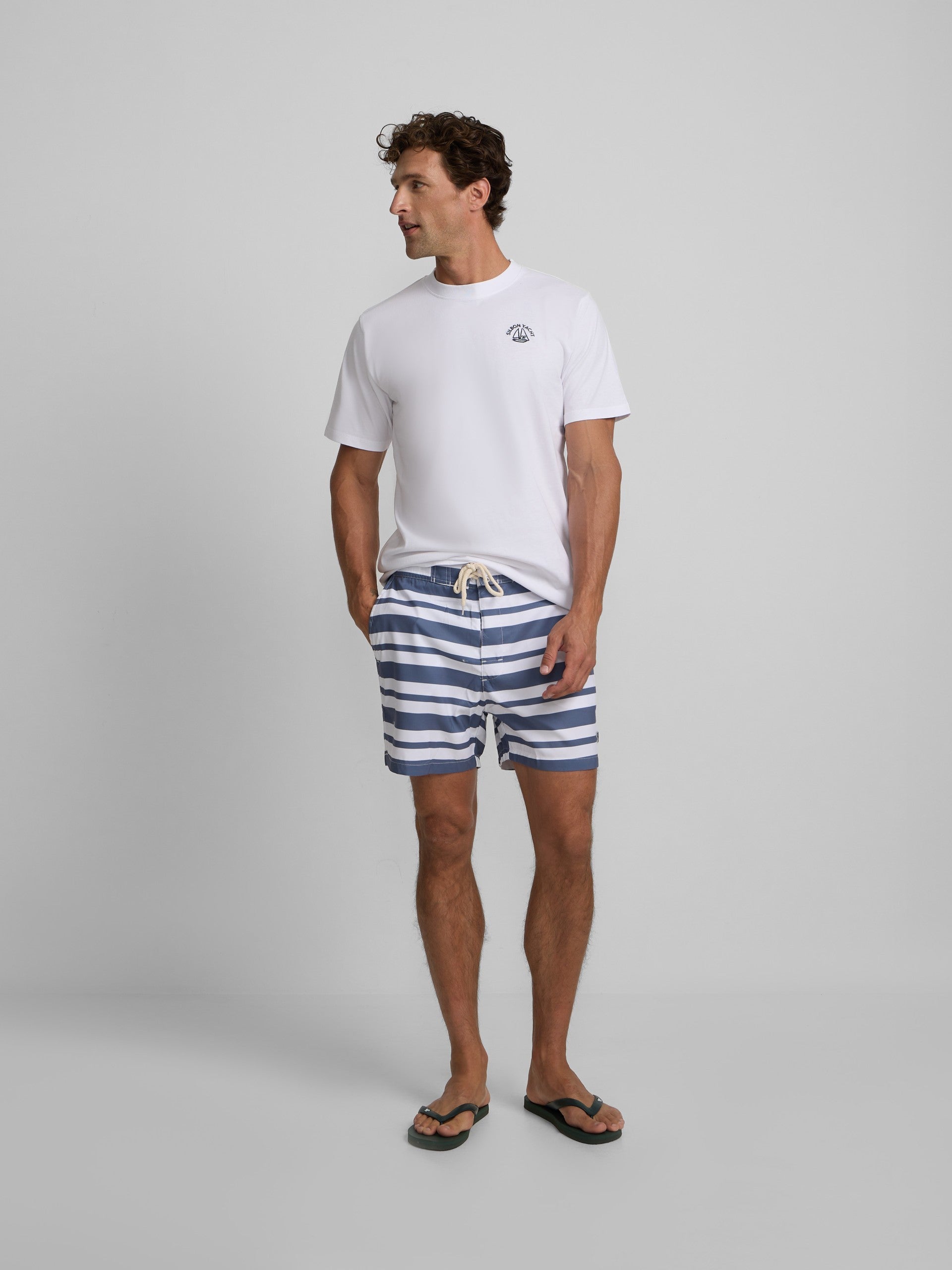 Two-tone blue striped surfer swimsuit