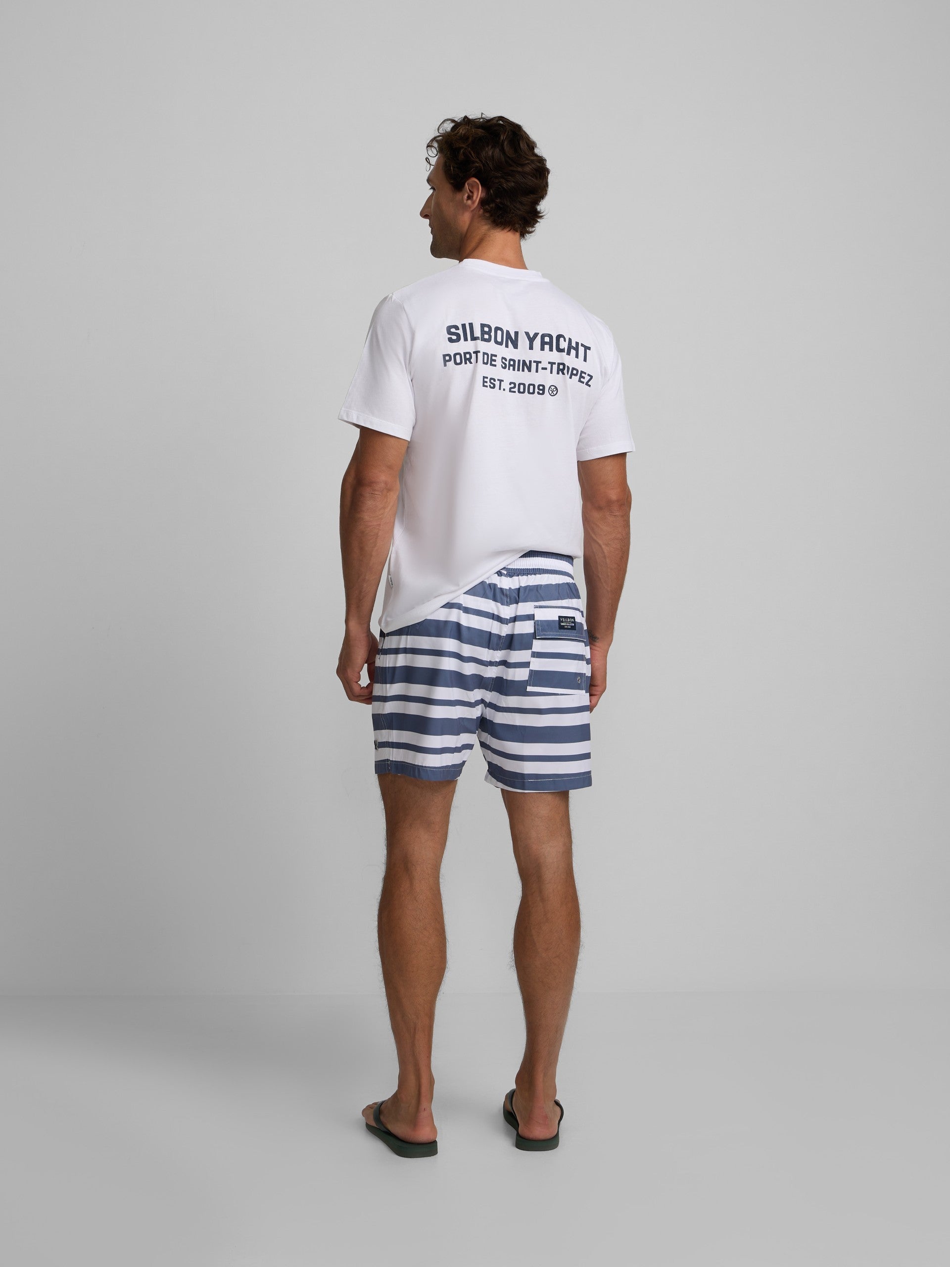 Two-tone blue striped surfer swimsuit