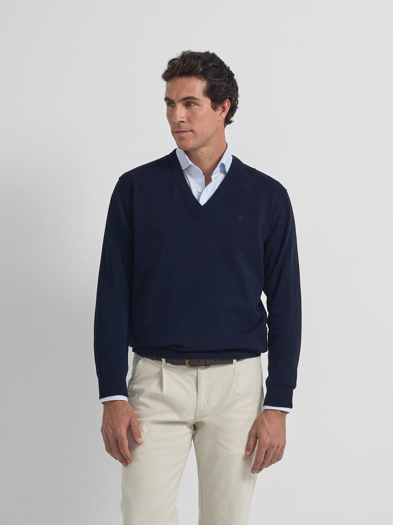 Navy blue V-neck business sweater