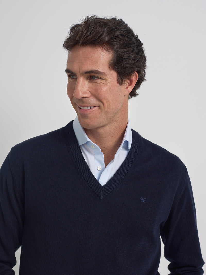 Navy blue V-neck business sweater