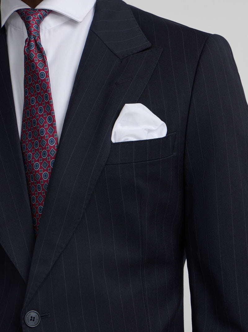 Navy blue pinstripe suit jacket