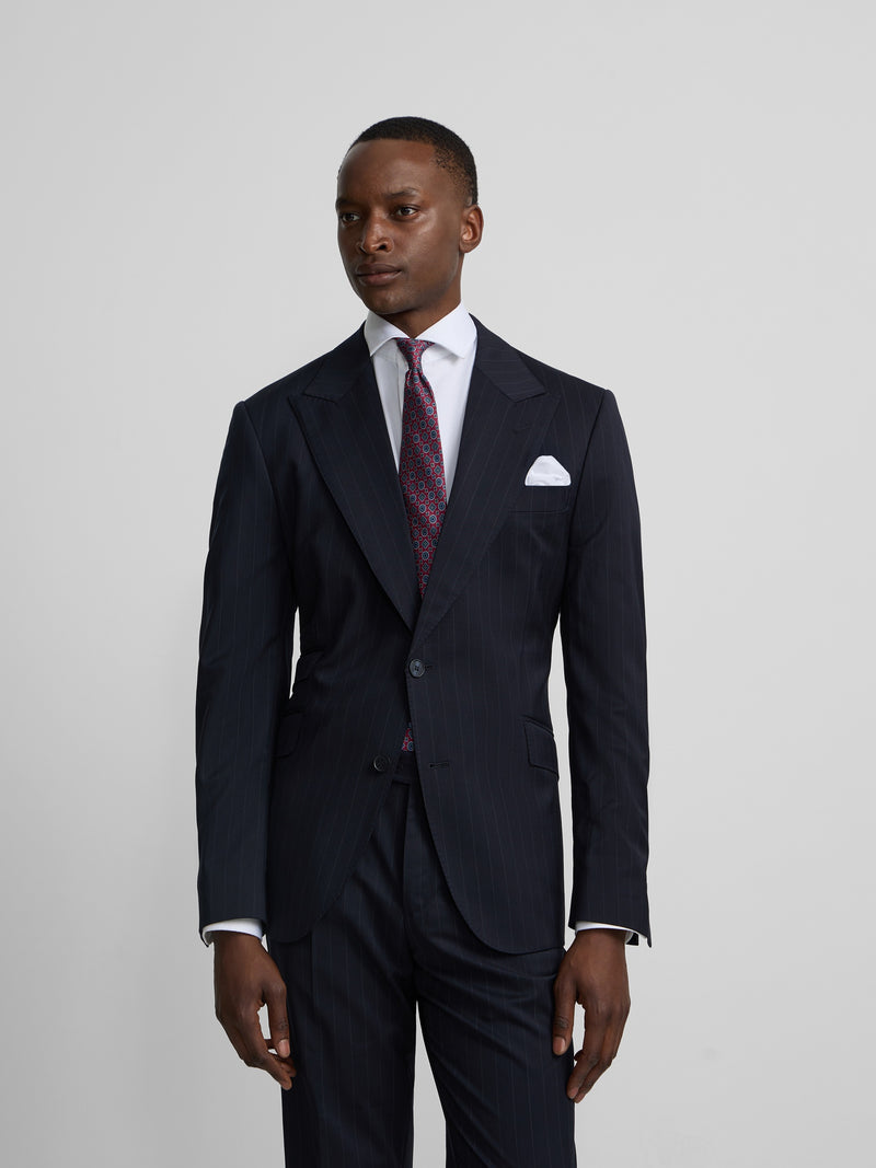 Navy blue pinstripe suit jacket