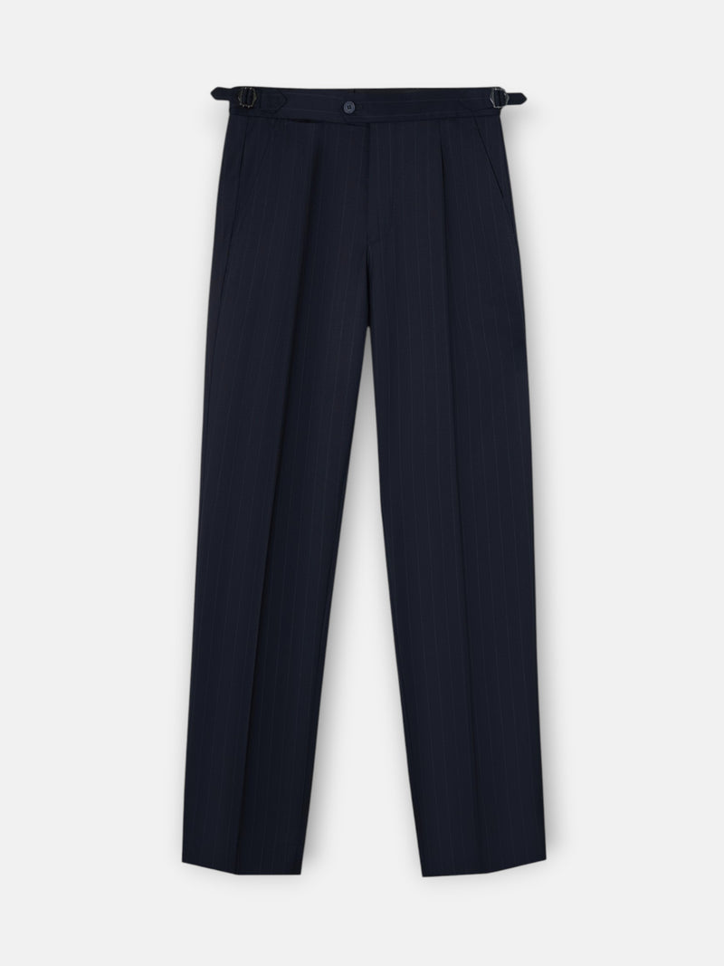 Navy blue pinstripe suit trousers