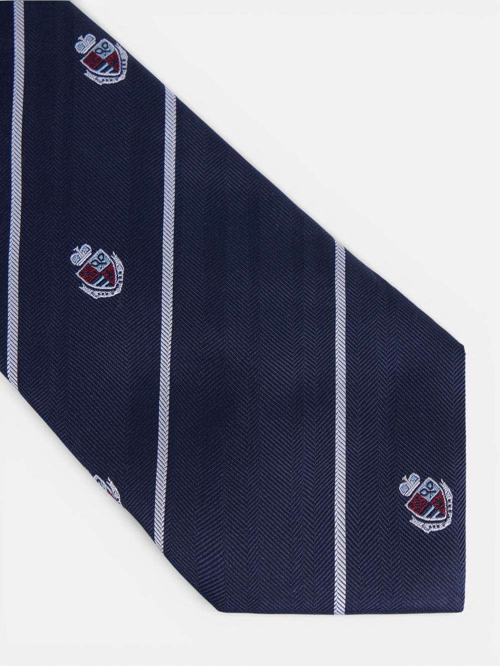 Dark blue striped tie with shields