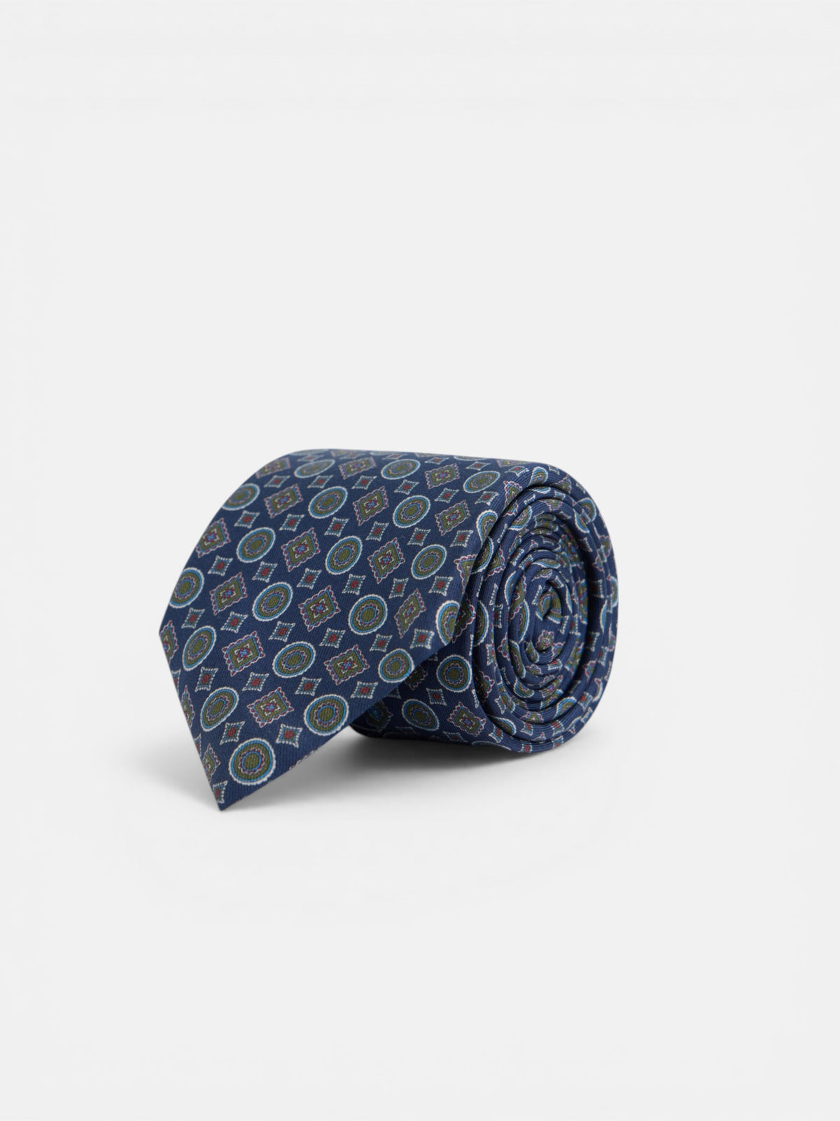 Blue geometric tie with mini figures