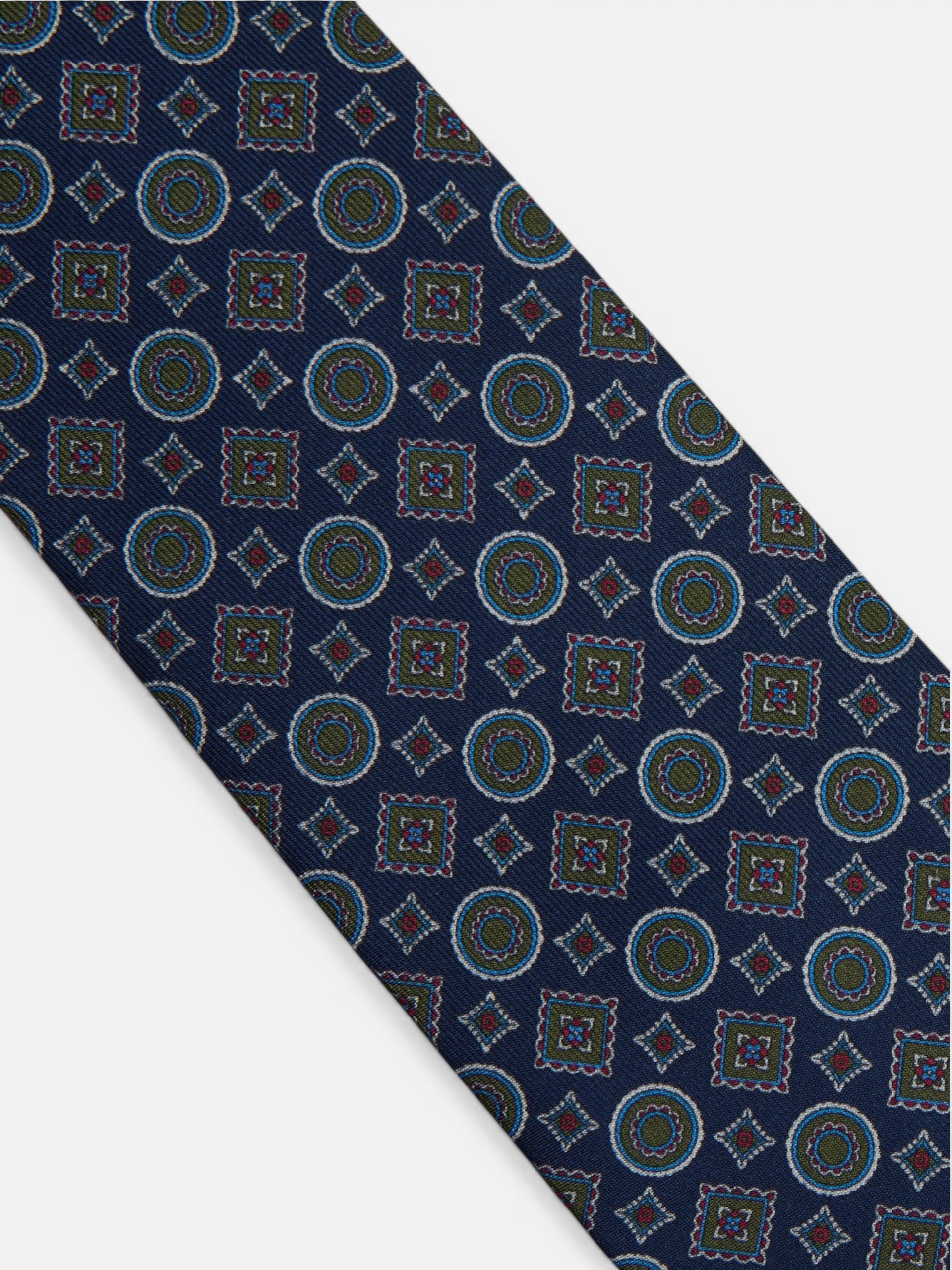 Blue geometric tie with mini figures