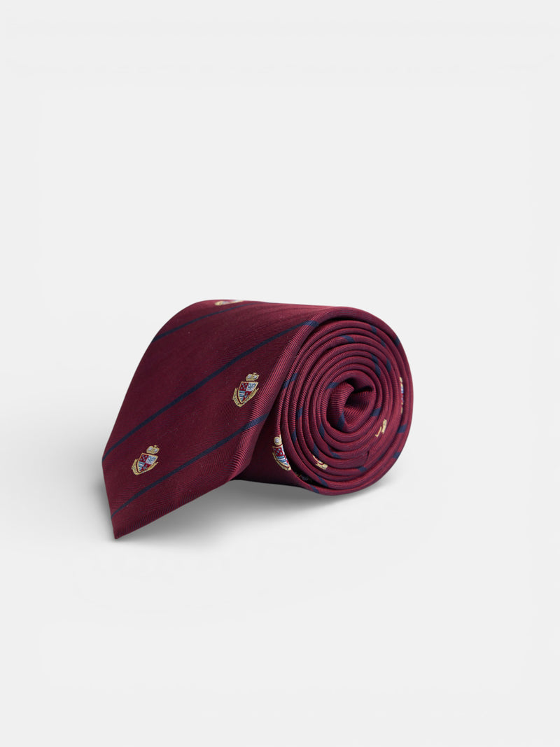 Corbata rayas escudos burdeos