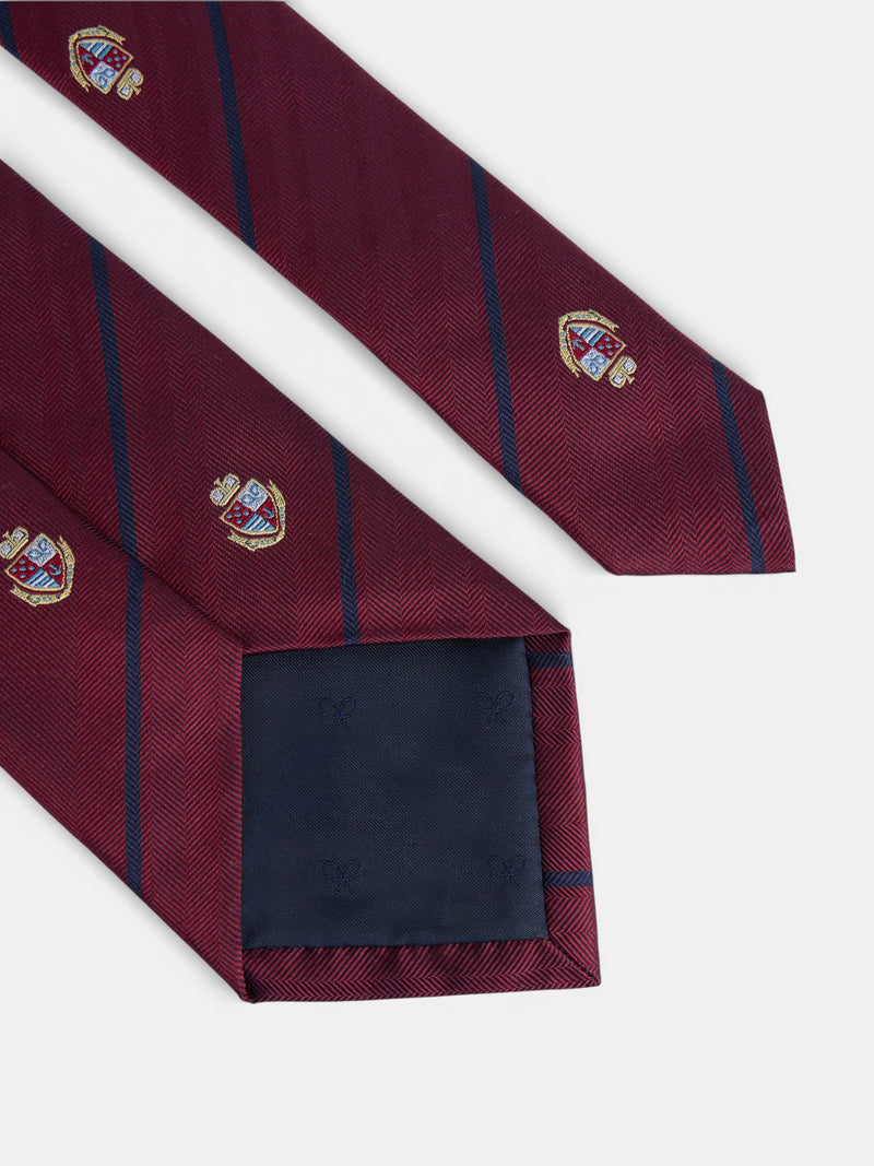 Corbata rayas escudos burdeos