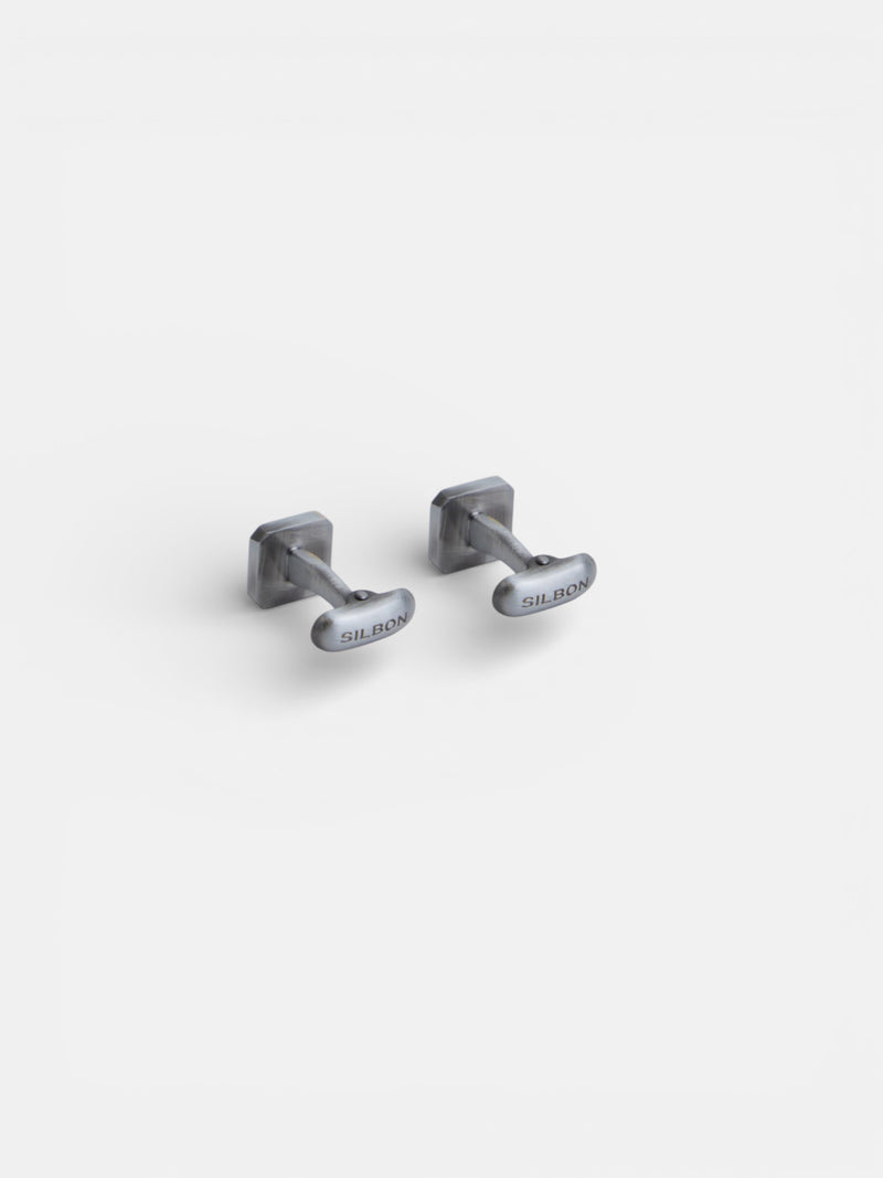 Bouton de manchette carré détail gravé argent vieilli