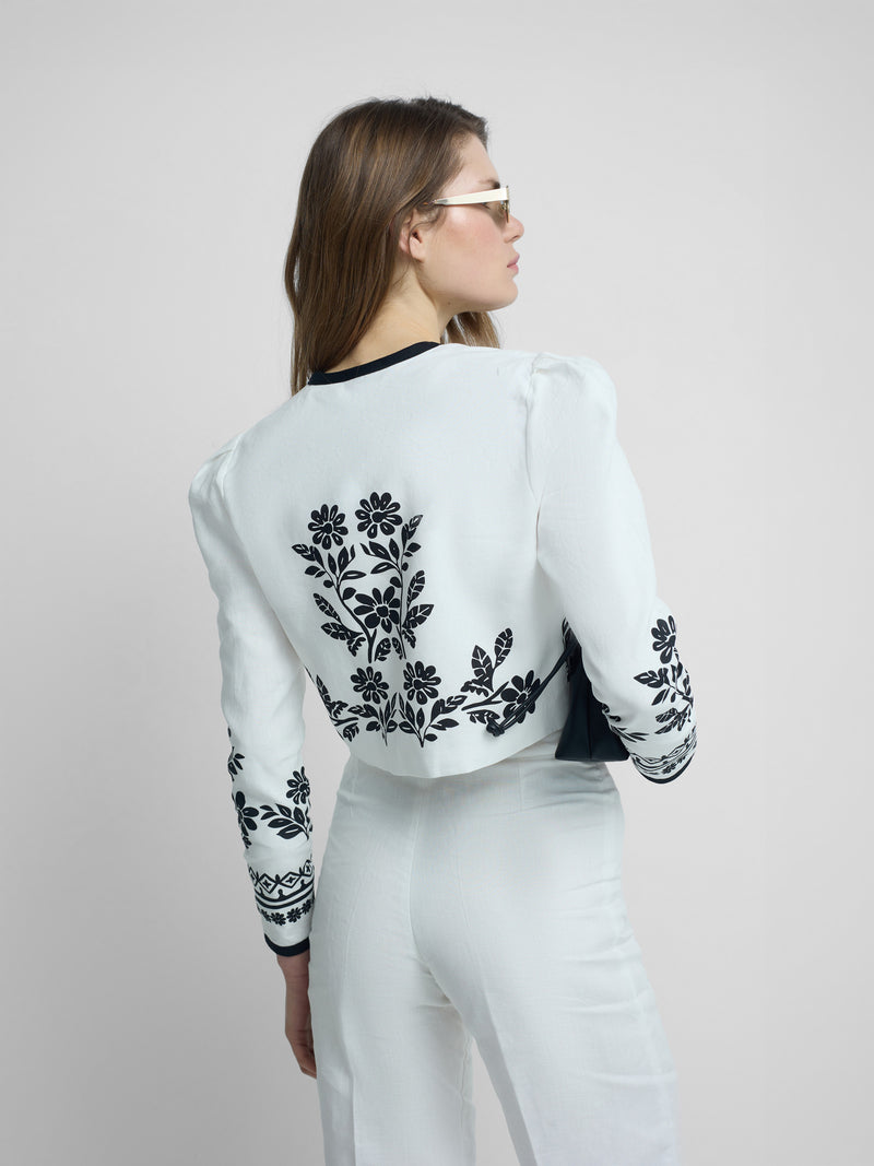 Casaco curto de linho estampado branco