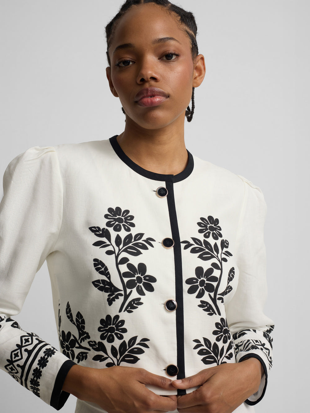 Casaco curto de linho estampado branco