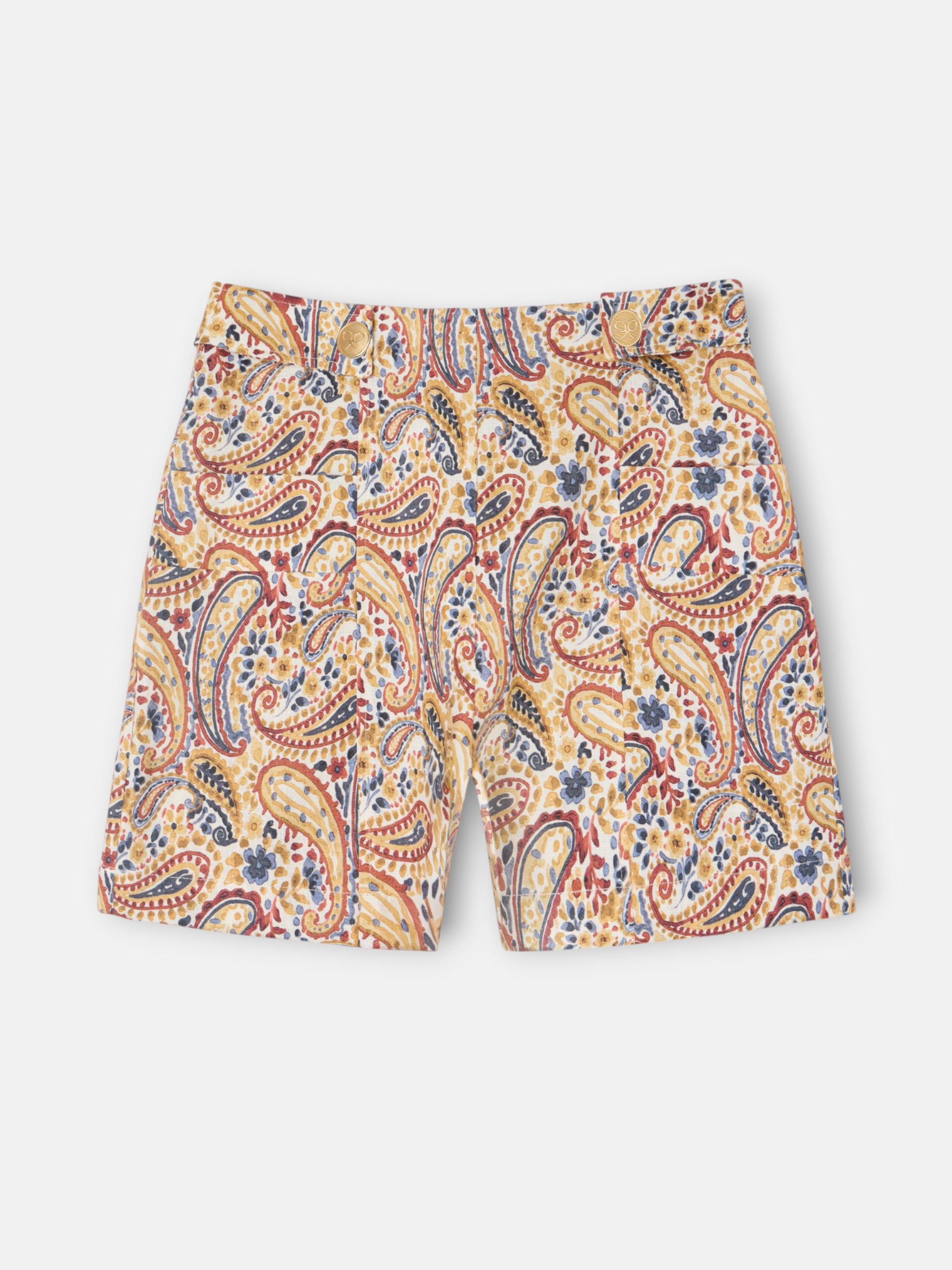 Bermuda de linho estampada com padrão paisley laranja