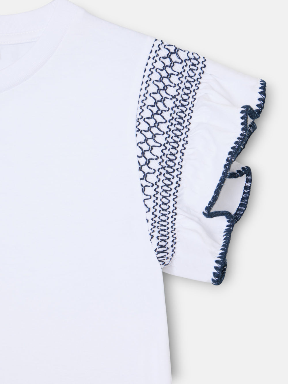 Women's long-sleeved t-shirt with ruffles white