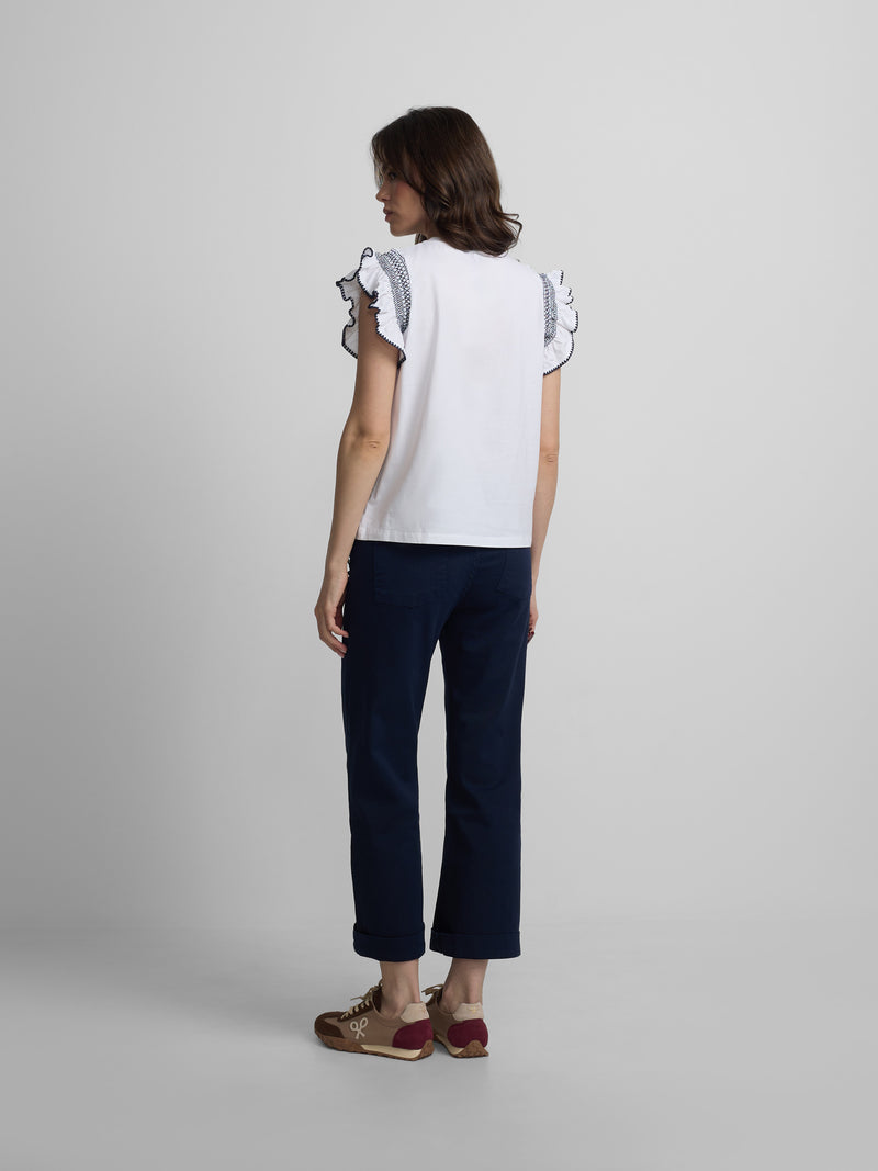 Camisola mulher com folhos e ombreiras branca