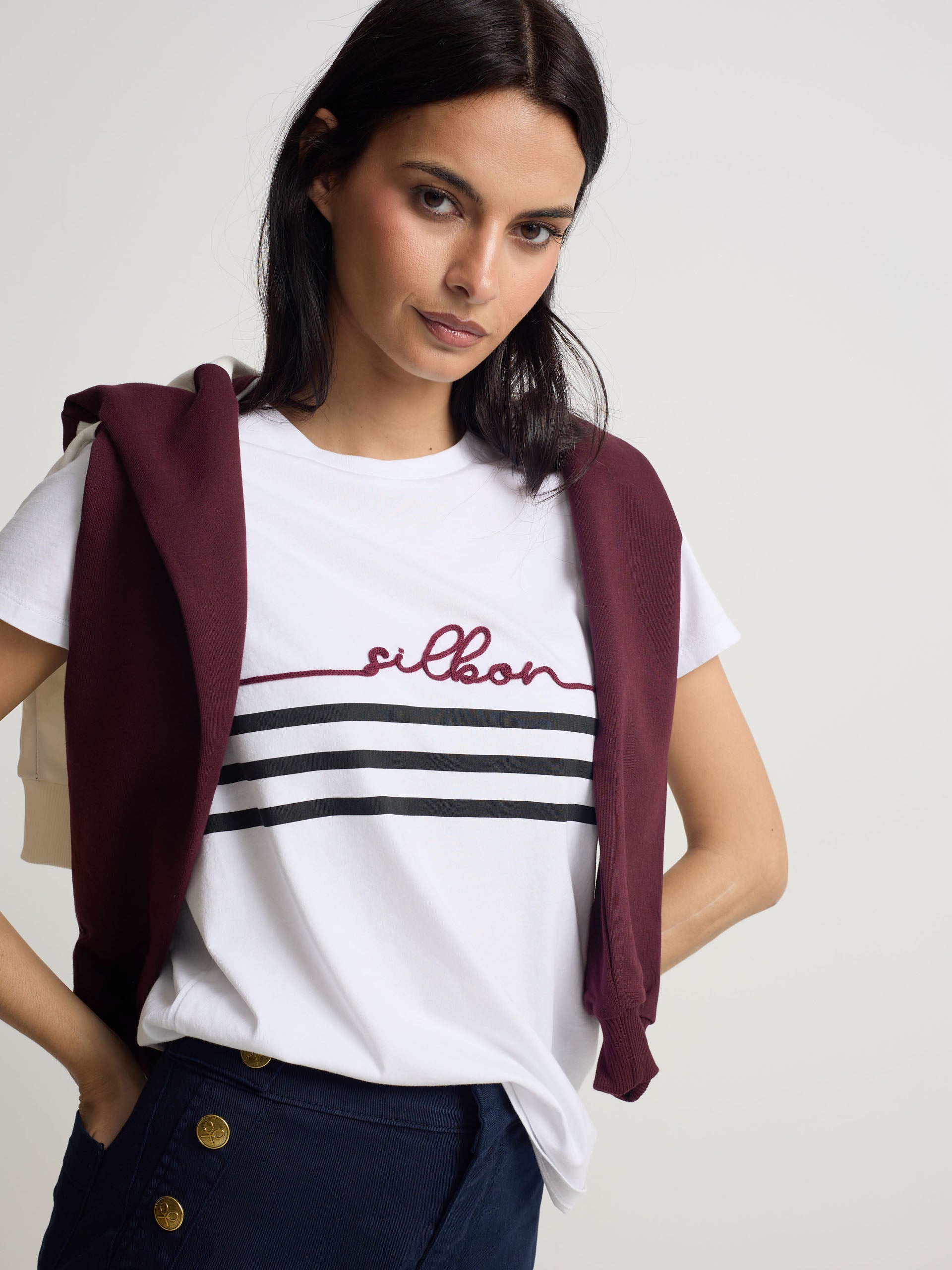 Silbon women's white lace-up t-shirt